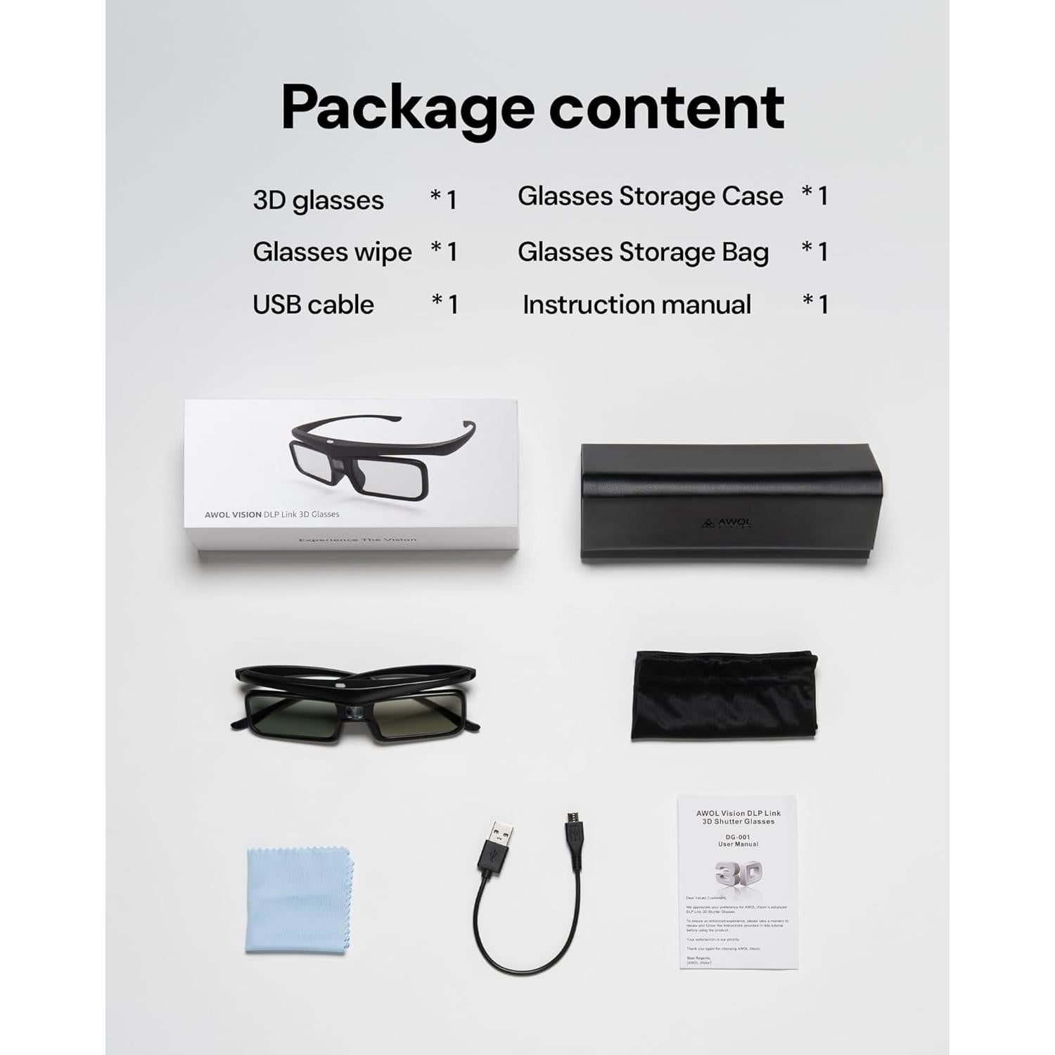 Gafas 3D DLP Link AWOL VISION DG-002, 2 Paquetes