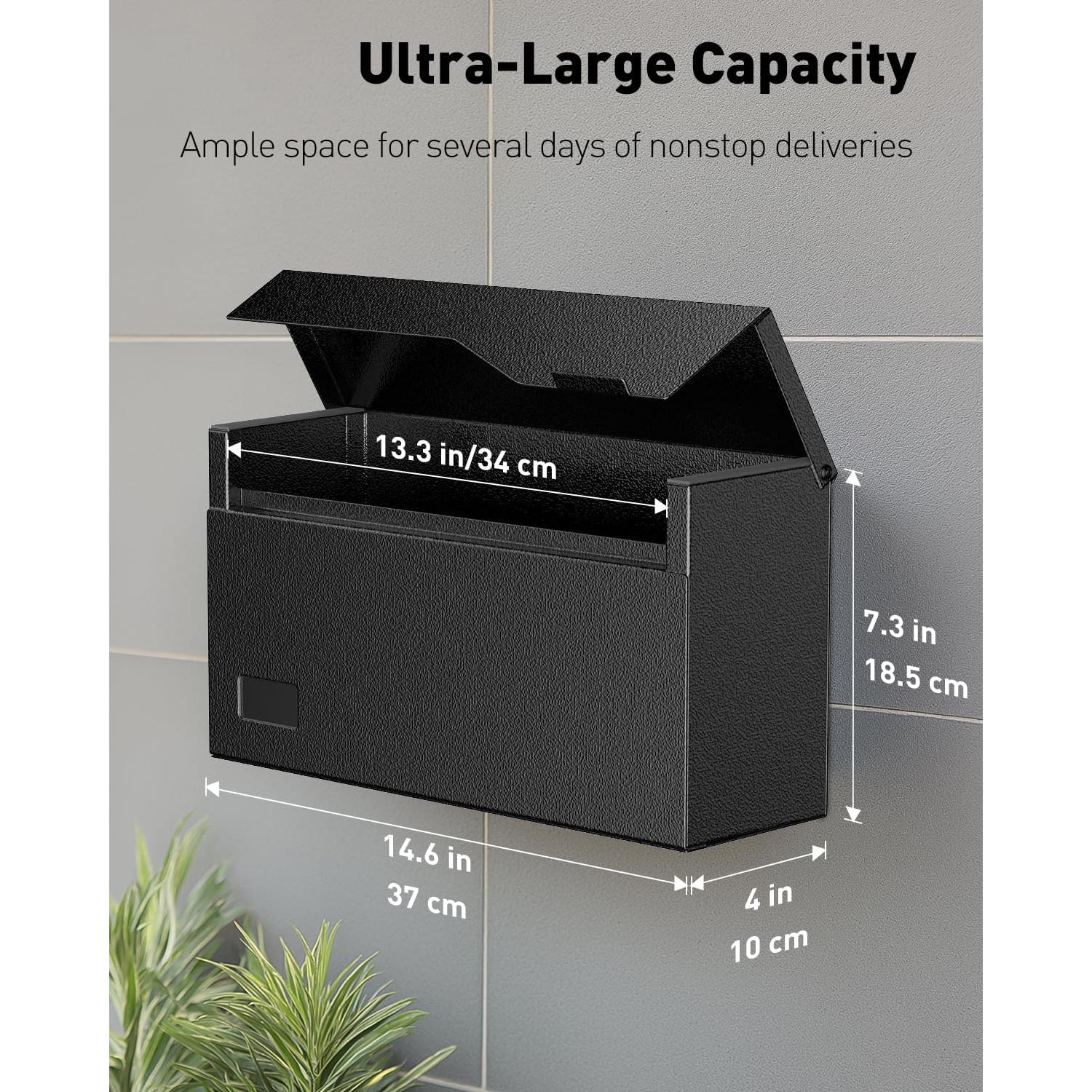 Buzón de Pared Uniclife Grande de Acero Negro 37.1x10.2x18.5 cm