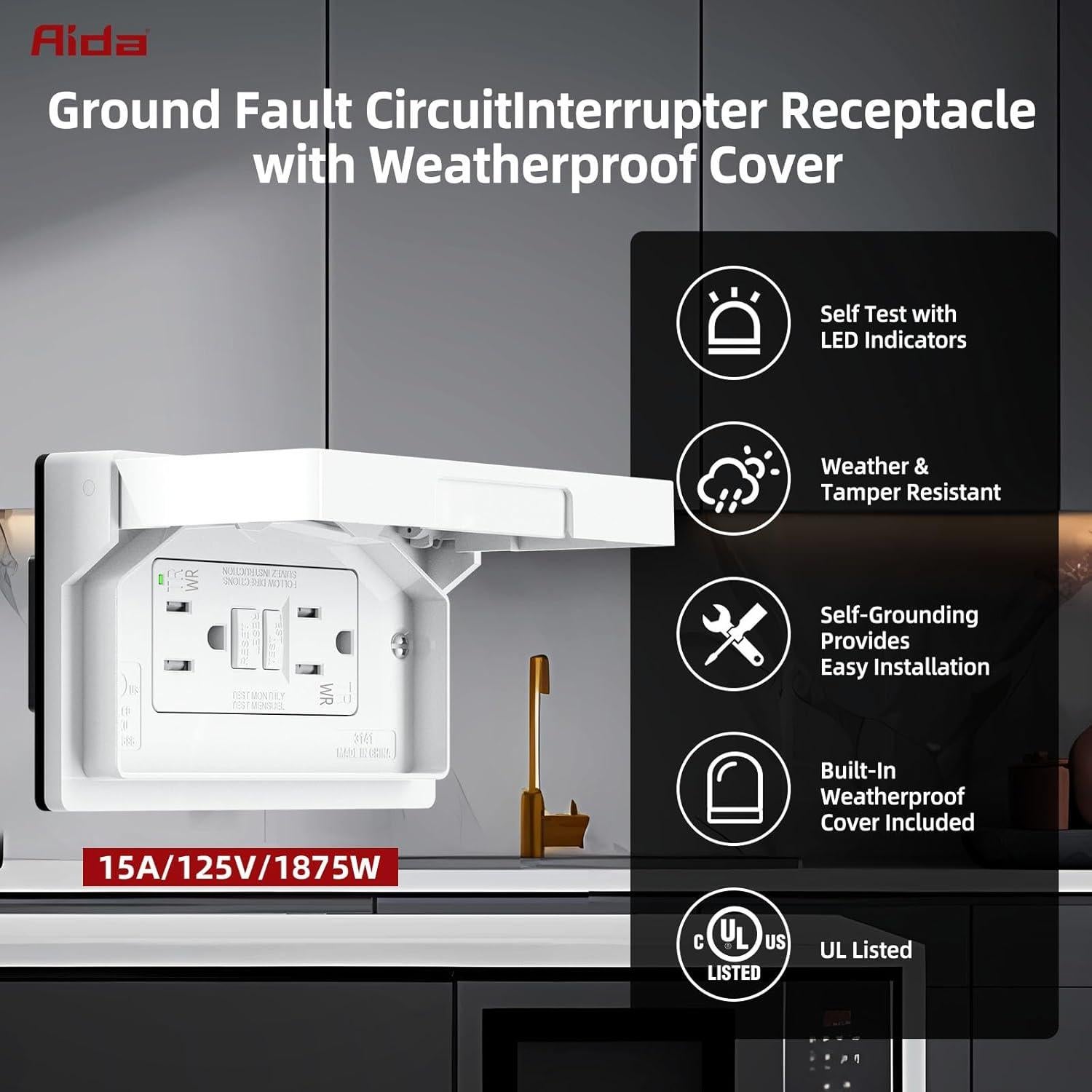 Toma de Corriente GFCI AIDA 15A con Cubierta Resistente - Blanco