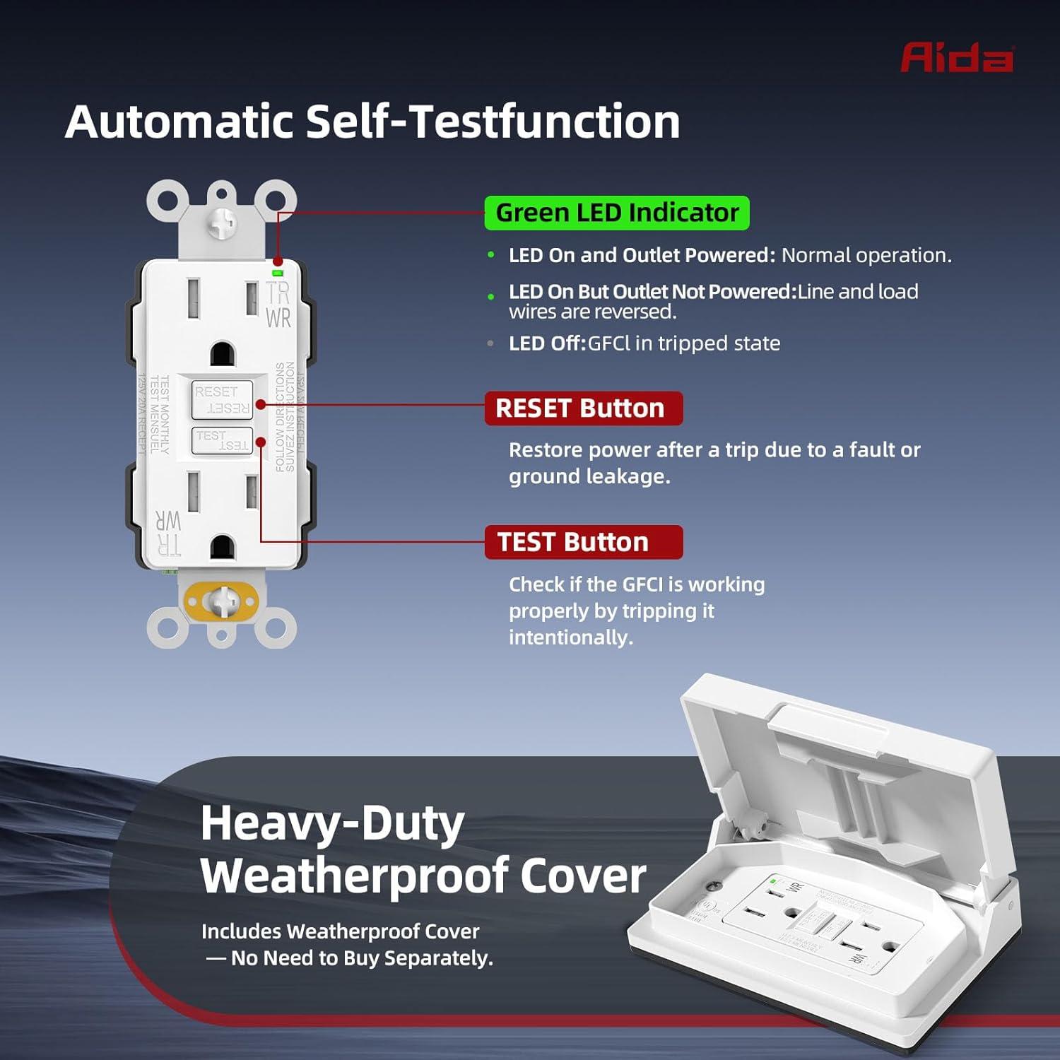 Toma de Corriente GFCI AIDA 15A con Cubierta Resistente - Blanco