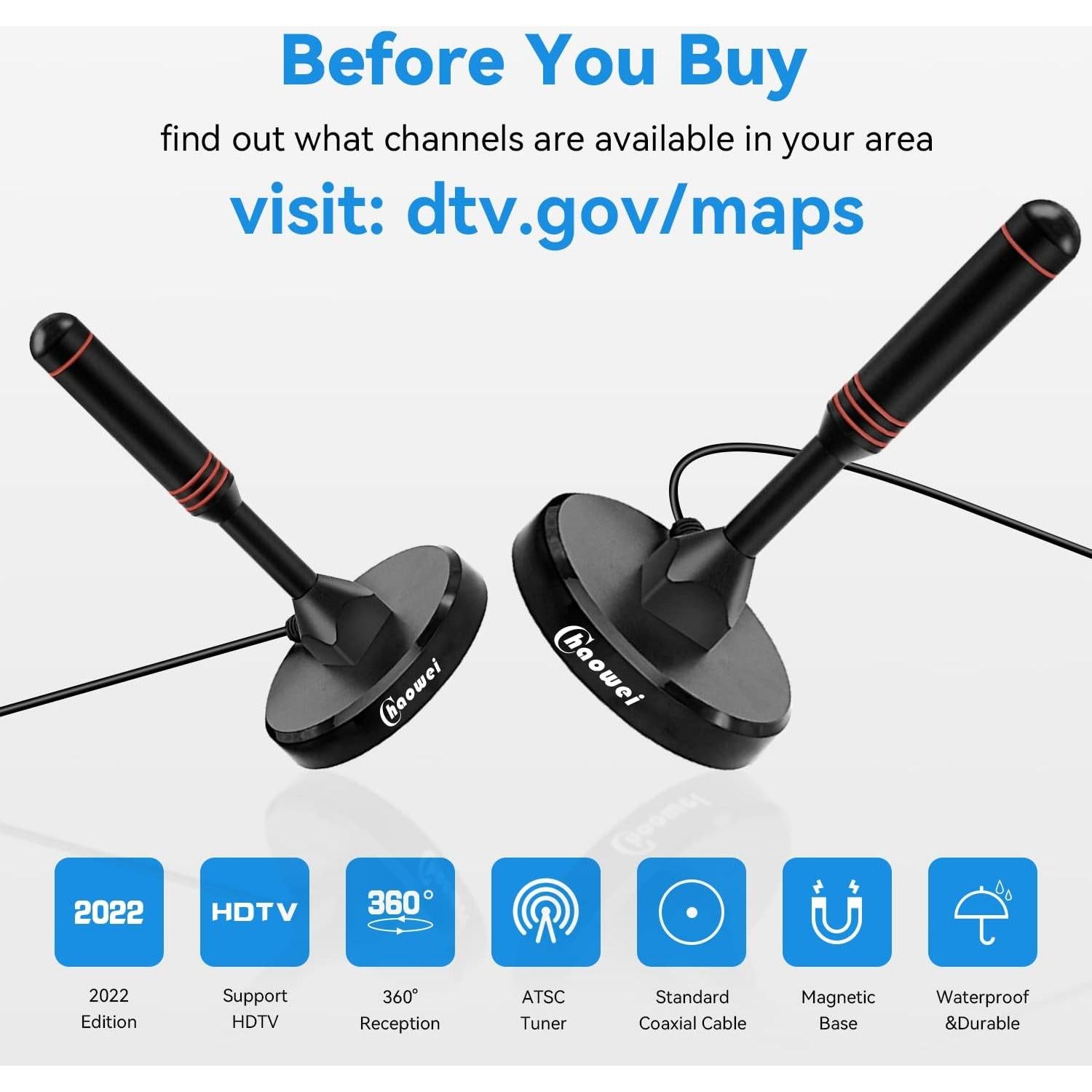 Antena de TV Digital HD Chaowei DTA66 con Base Magnética