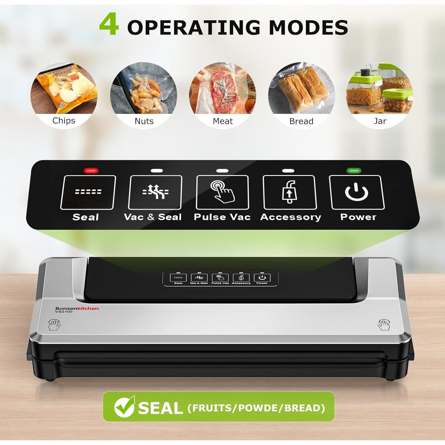 Selladora al Vacío Bonsenkitchen V100-T 4 en 1 Compacta Plata