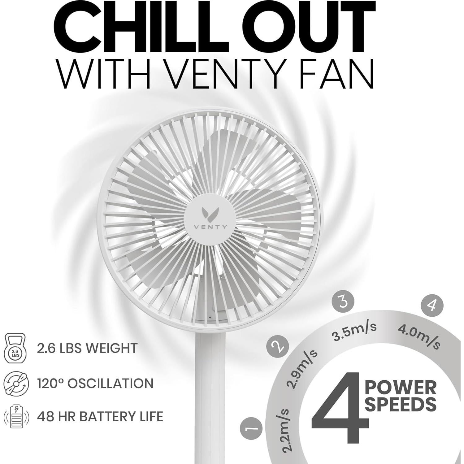 Ventilador Portátil VENTY - Inalámbrico 4 Velocidades LED