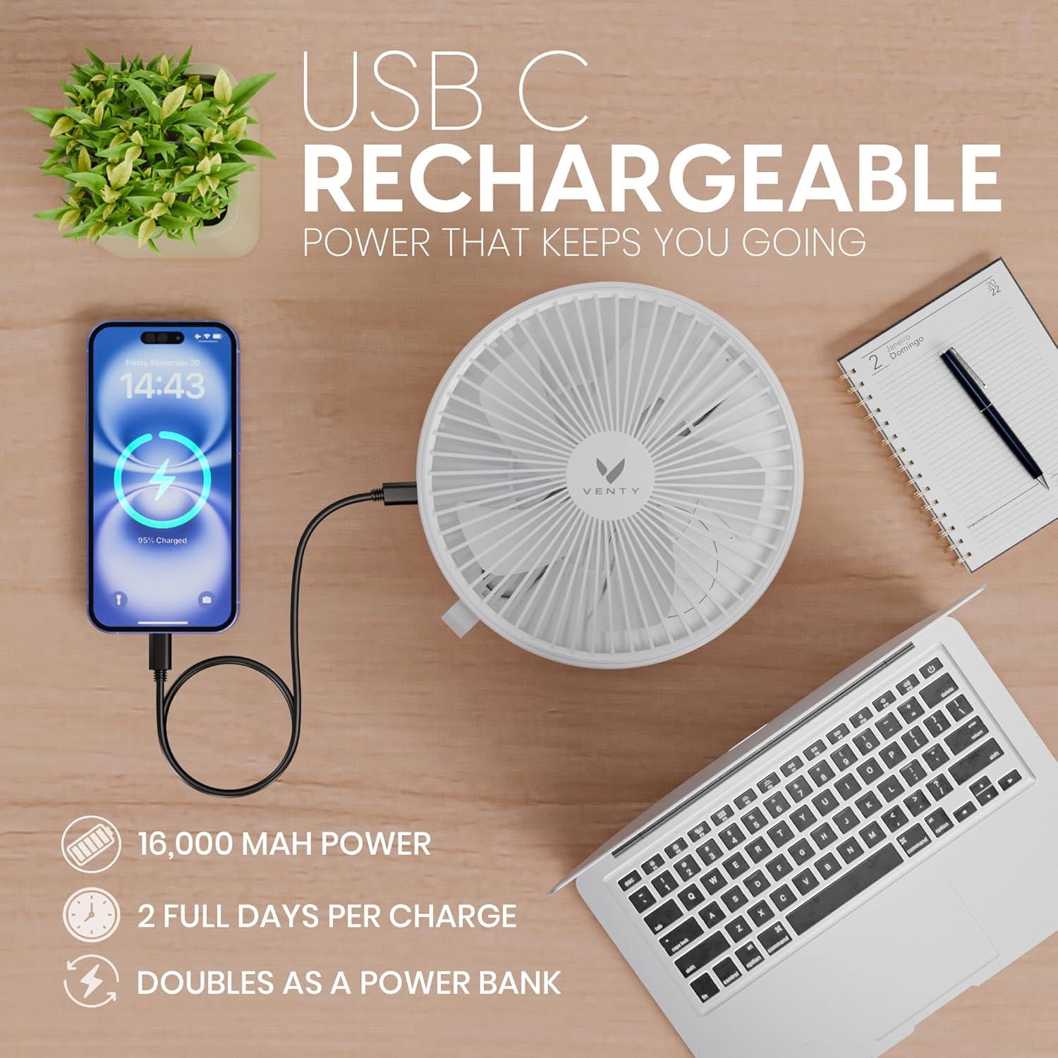 Ventilador Portátil VENTY - Inalámbrico 4 Velocidades LED