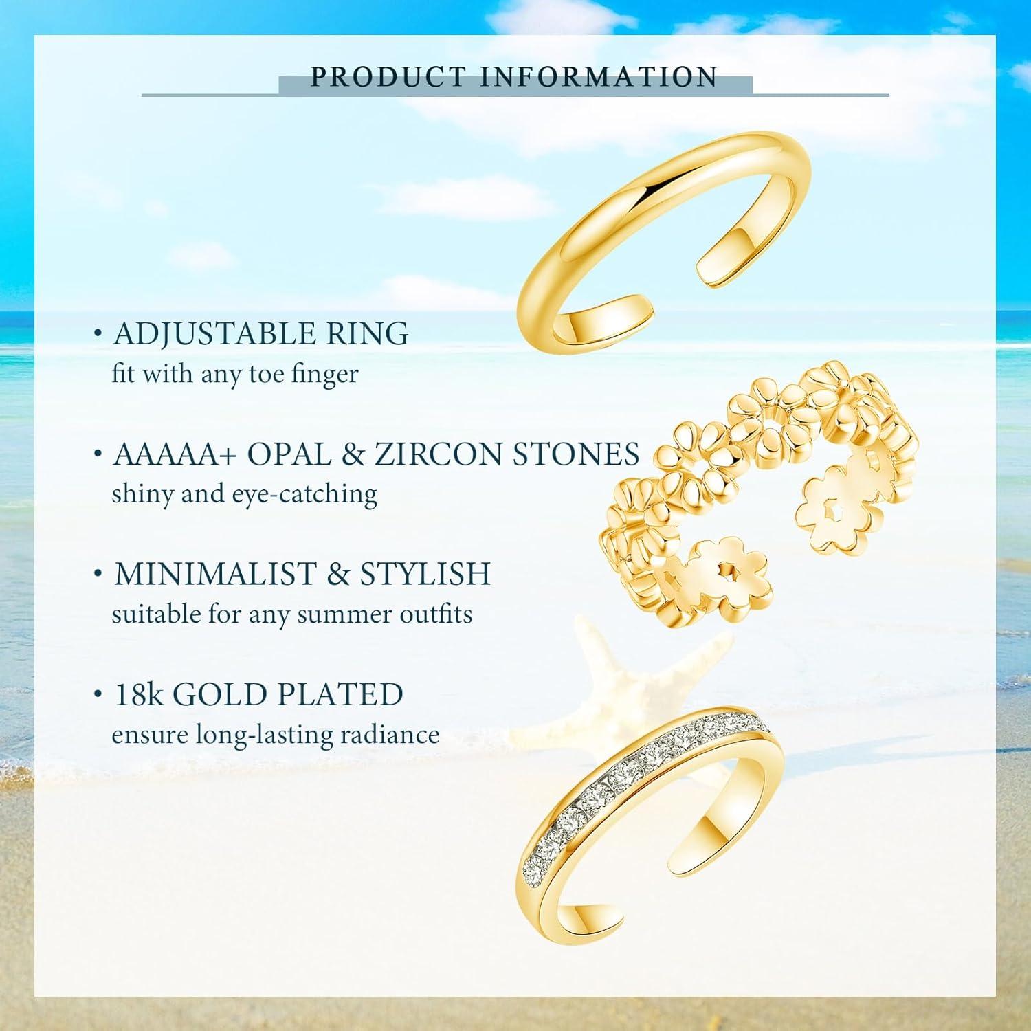 Juego de 3 Anillos para Dedos de los Pies Sfoni Oro 18K Ajustables