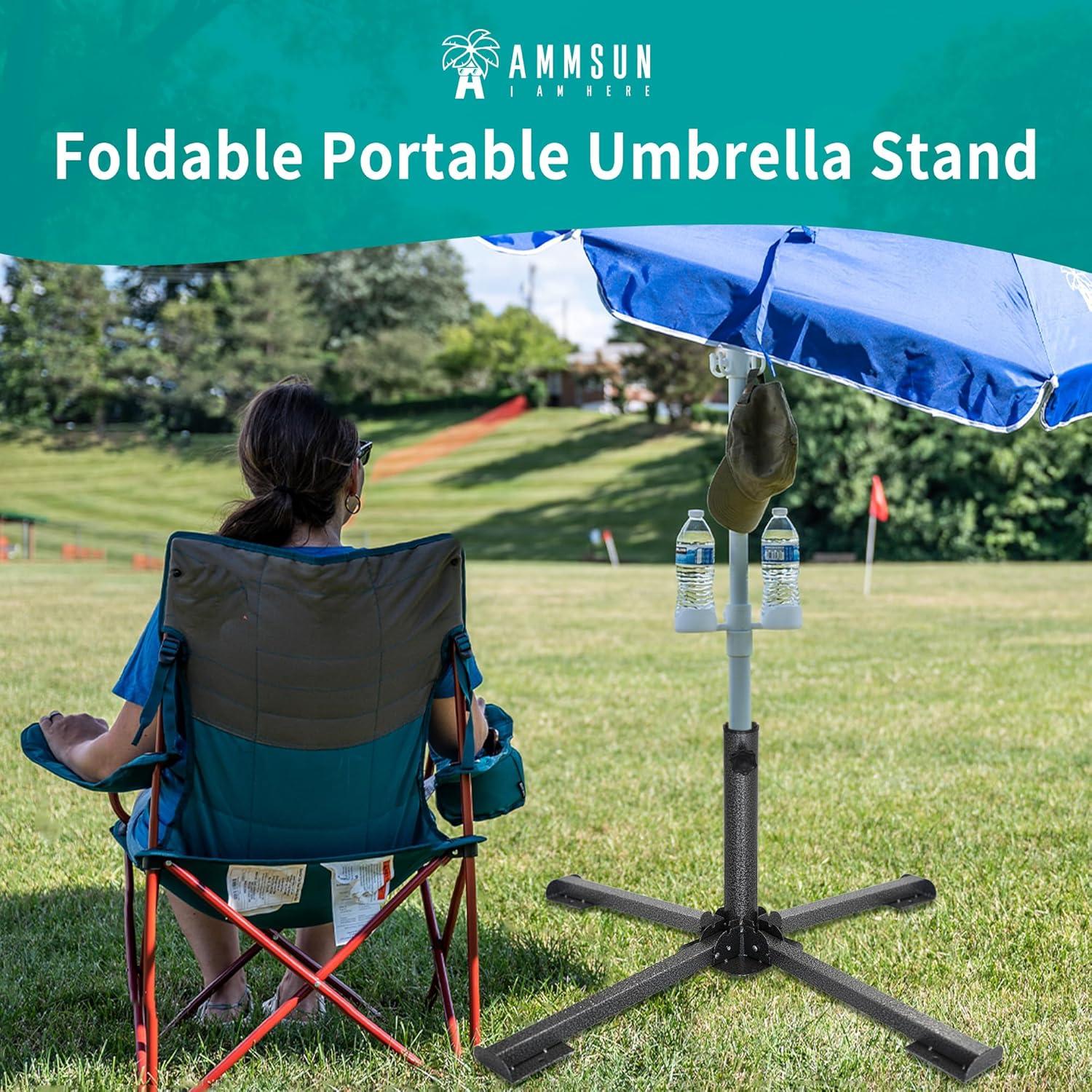 AMMSUN Foldable Portable Beach Umbrella Stand-Portable Patio Umbrella Base Holder,Iron Patio Umbrella Stand for Courtyard,Garden,Beach,Grass (Black)