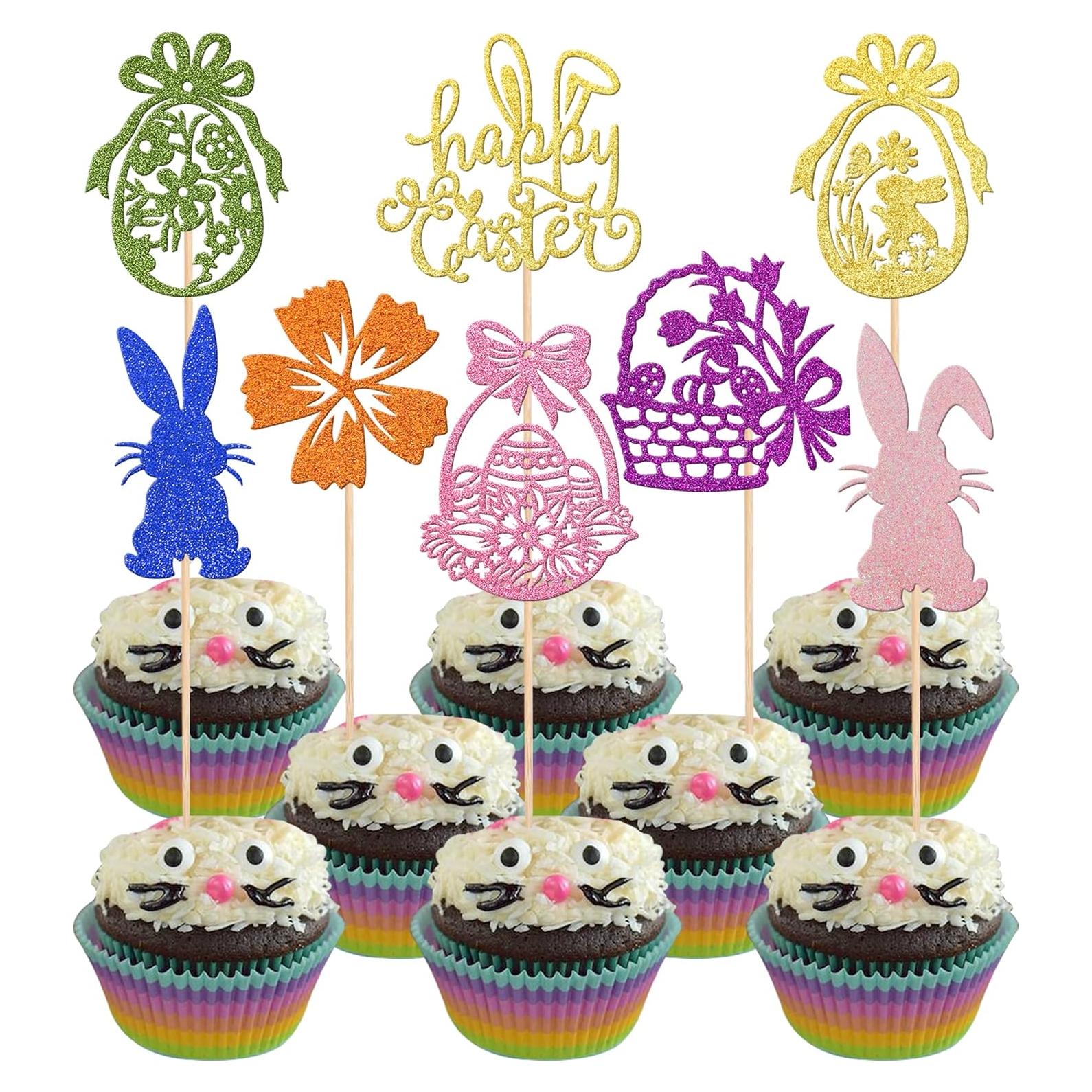 32 PCS Happy Easter Cupcake Toppers Colorful Glitter Flower Bunny Egg Easter Rabbit Cupcake Picks for Happy Easter Day Theme Baby Shower Kids Birthday Party Cake Decorations Supplies