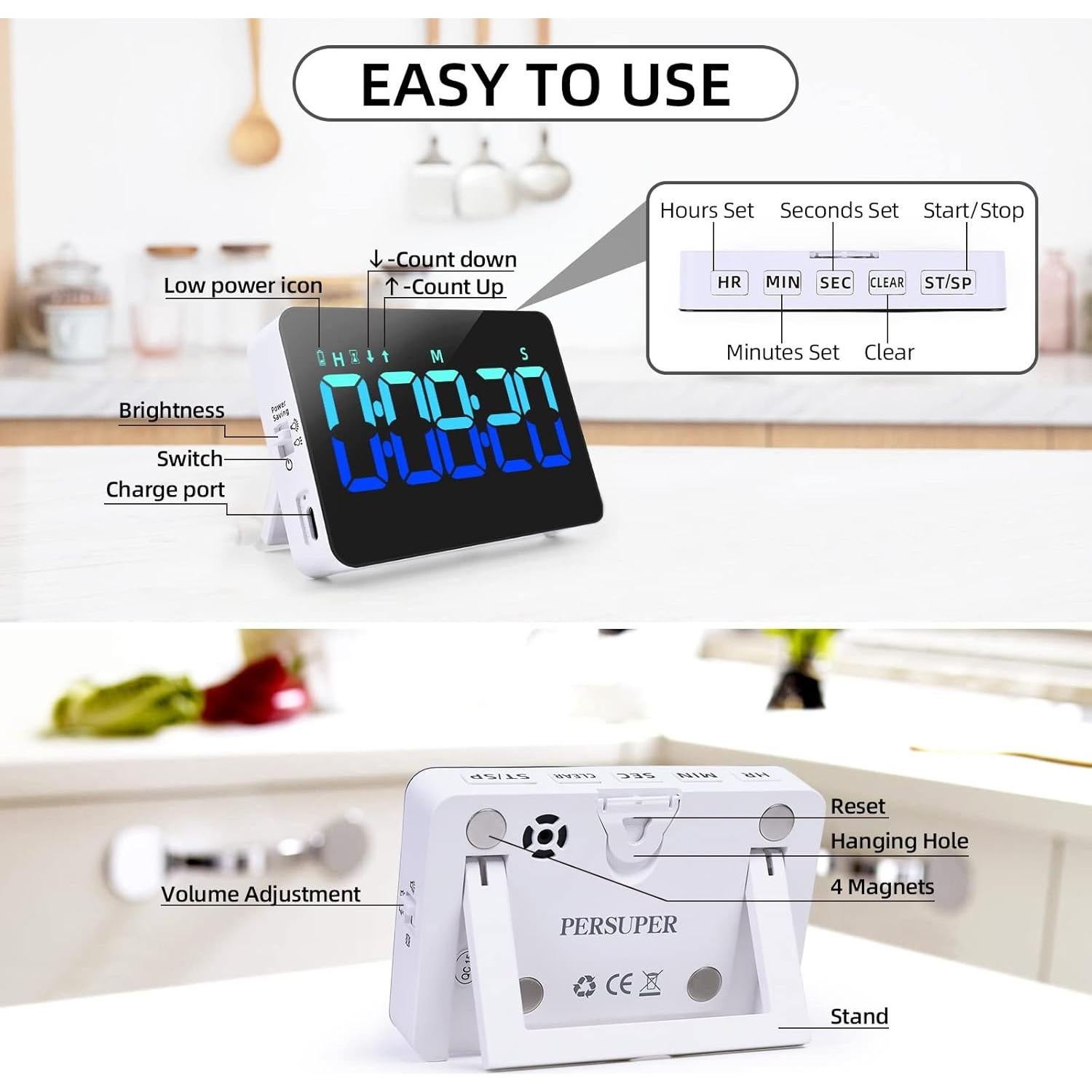 Temporizador Digital de Cocina PERSUPER 5" Recargable LED