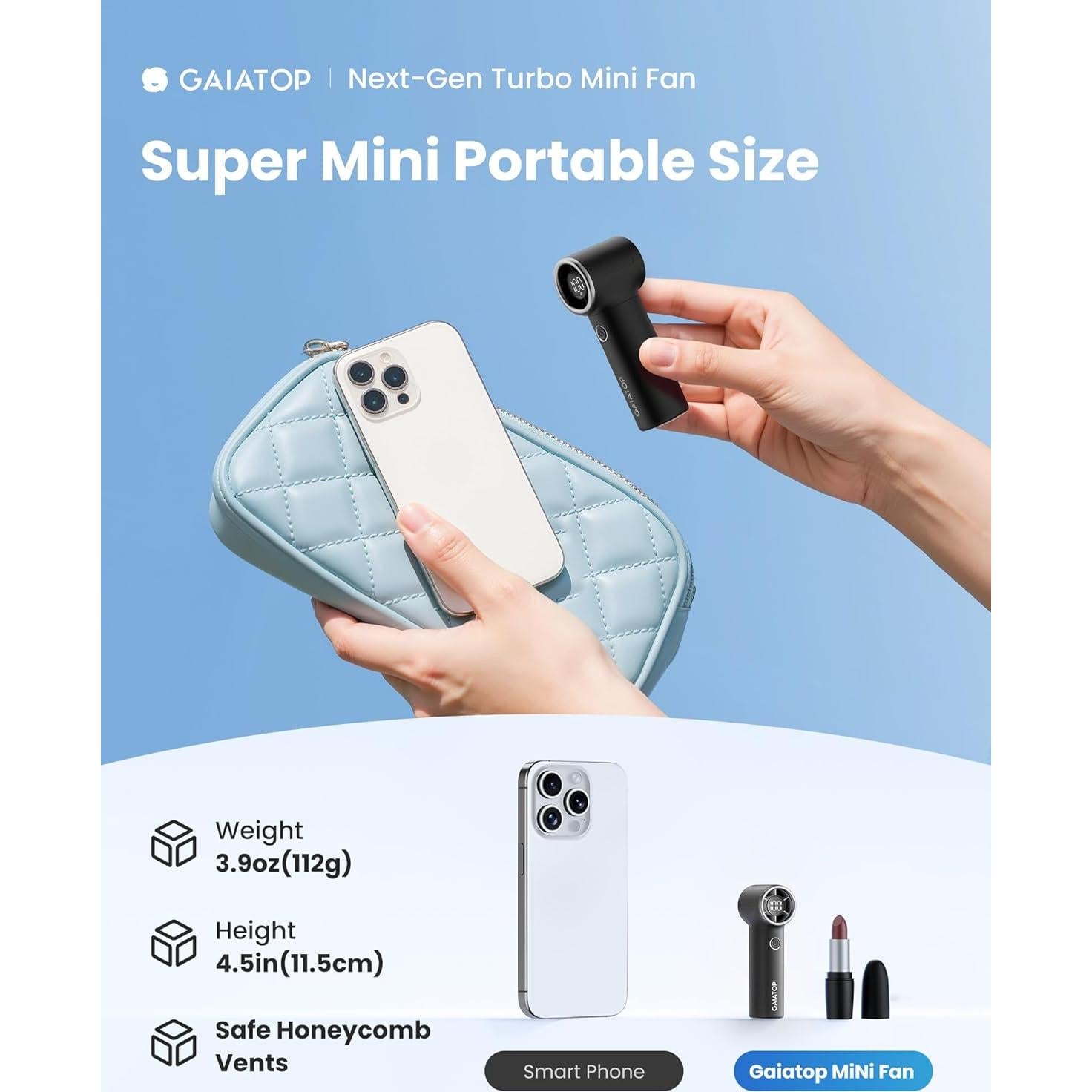 Ventilador de Mano Gaiatop Mini Turbo 4000mAh 15h Negro