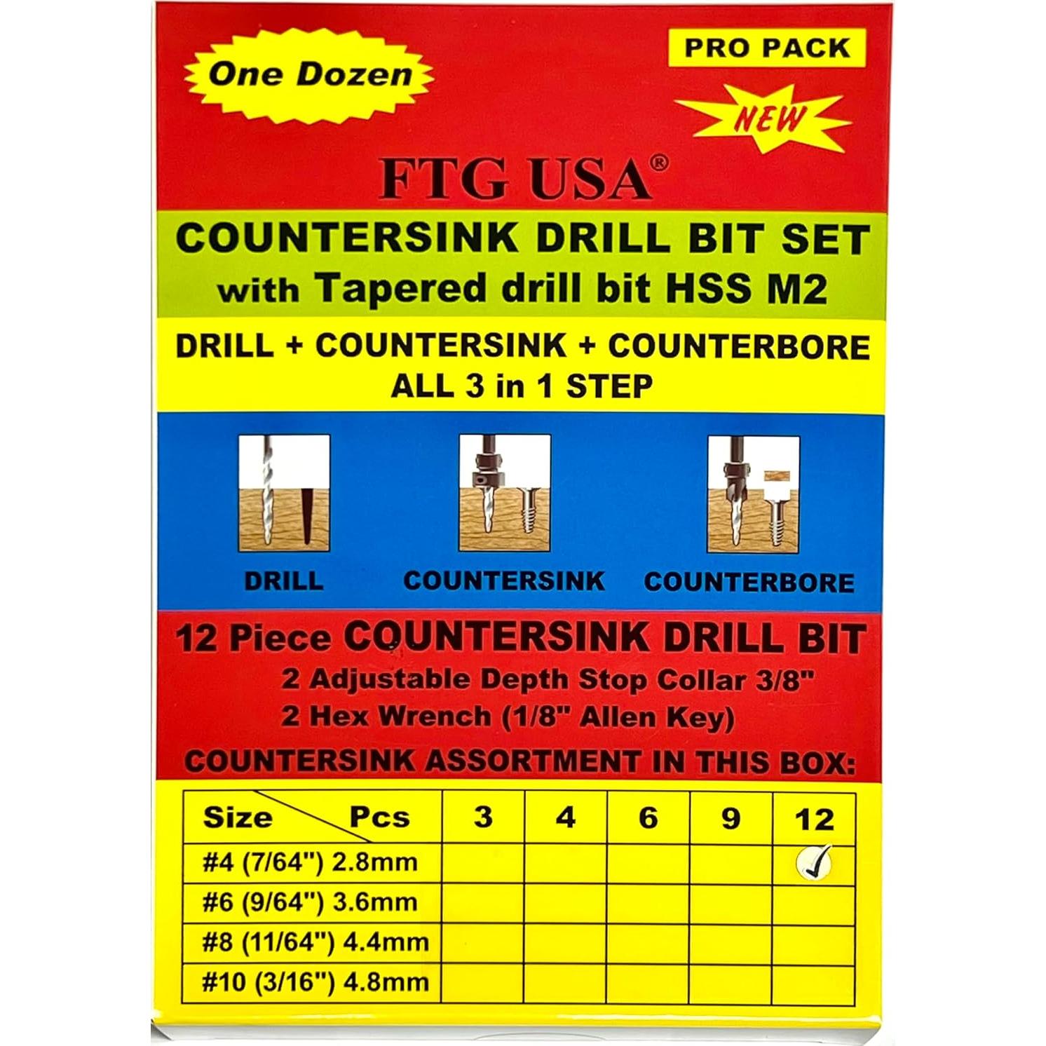 Juego de Brocas de Avellanado FTG 12 Piezas #4 para Madera