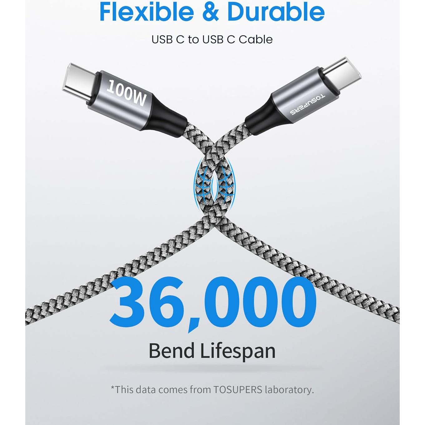 Cable USB-C a USB-C 100W TOSUPERS 5FT (Paquete de 2)