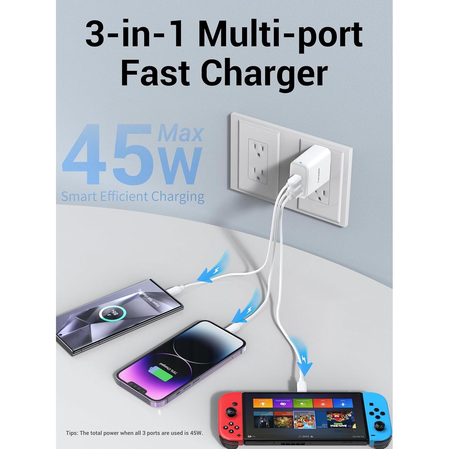 Cargador USB C 45W TOPADRE 3 Puertos Plegable Blanco