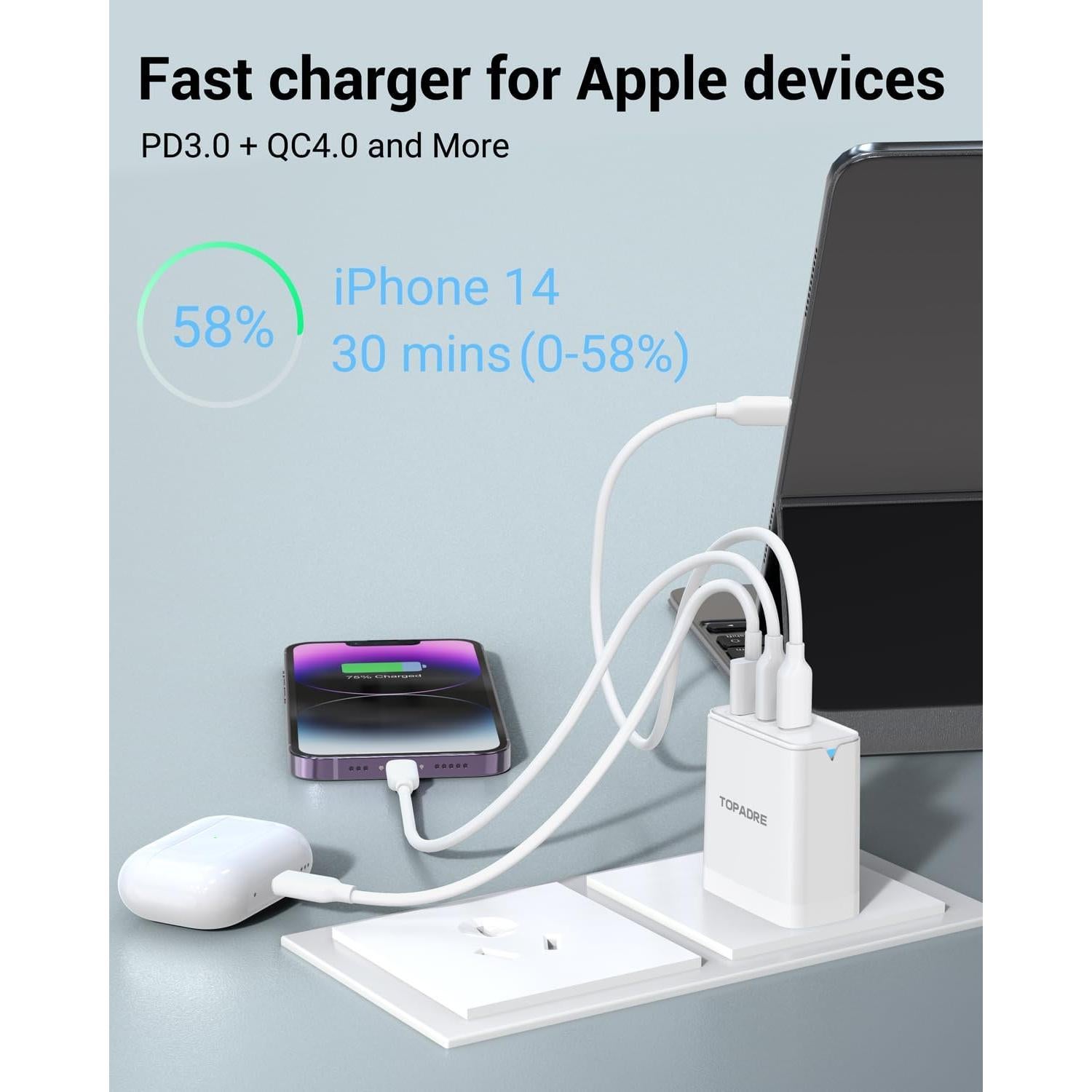 Cargador USB C 45W TOPADRE 3 Puertos Plegable Blanco