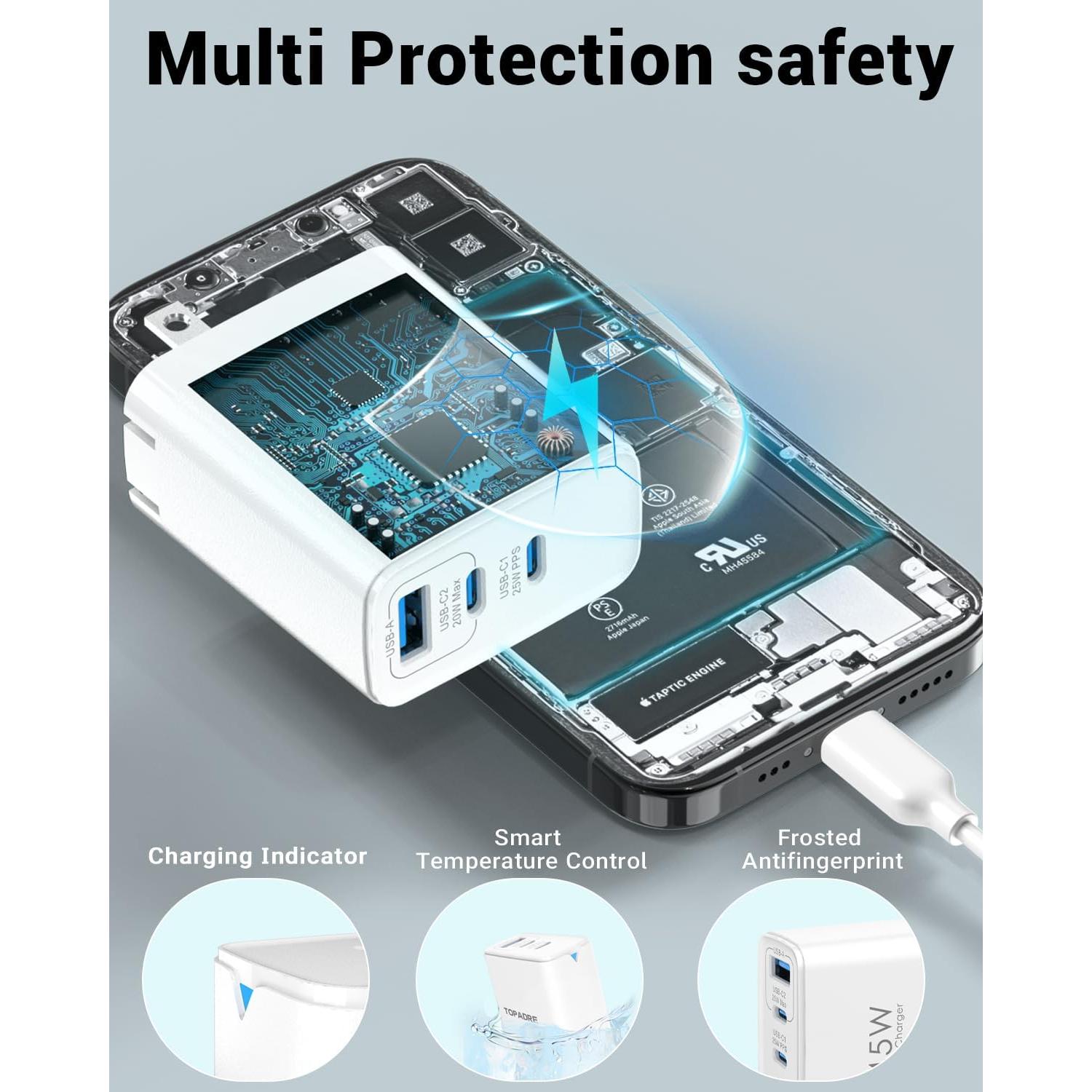 Cargador USB C 45W TOPADRE 3 Puertos Plegable Blanco