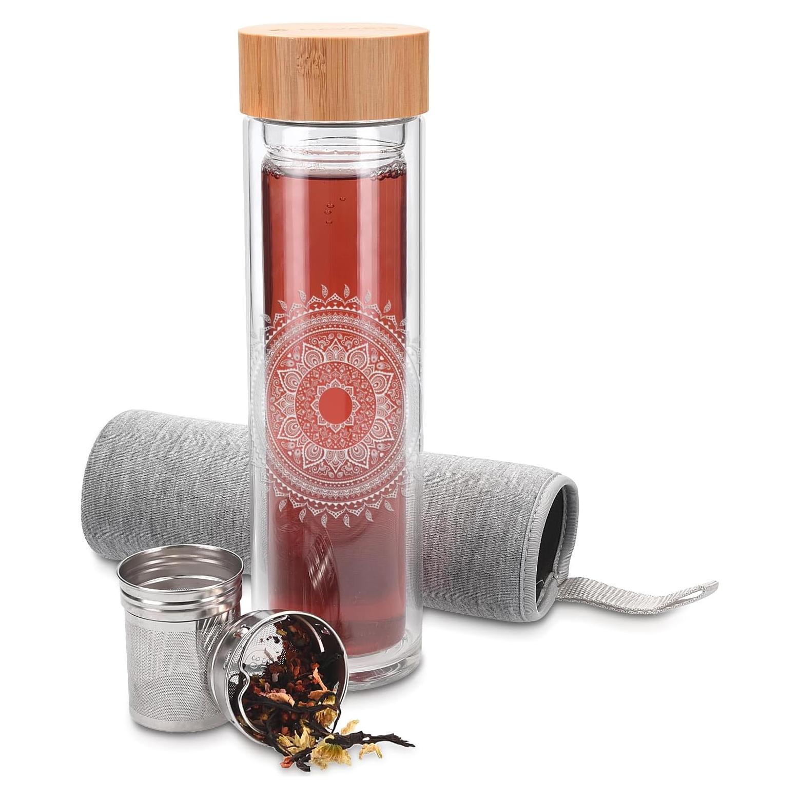 Botella de Té de Vidrio Navaris 500ml con Infusor y Tapa de Bambú