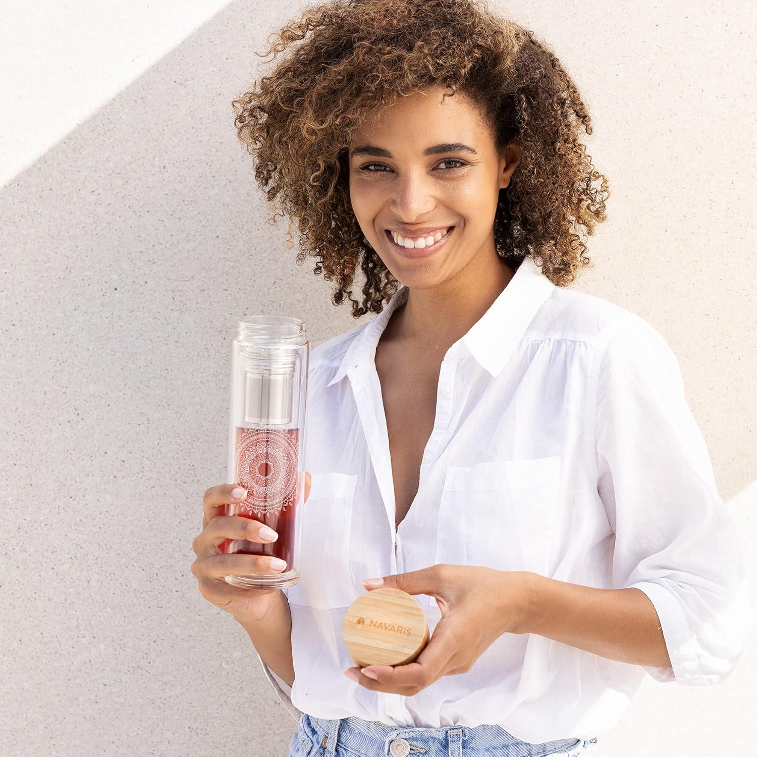 Botella de Té de Vidrio Navaris 500ml con Infusor y Tapa de Bambú