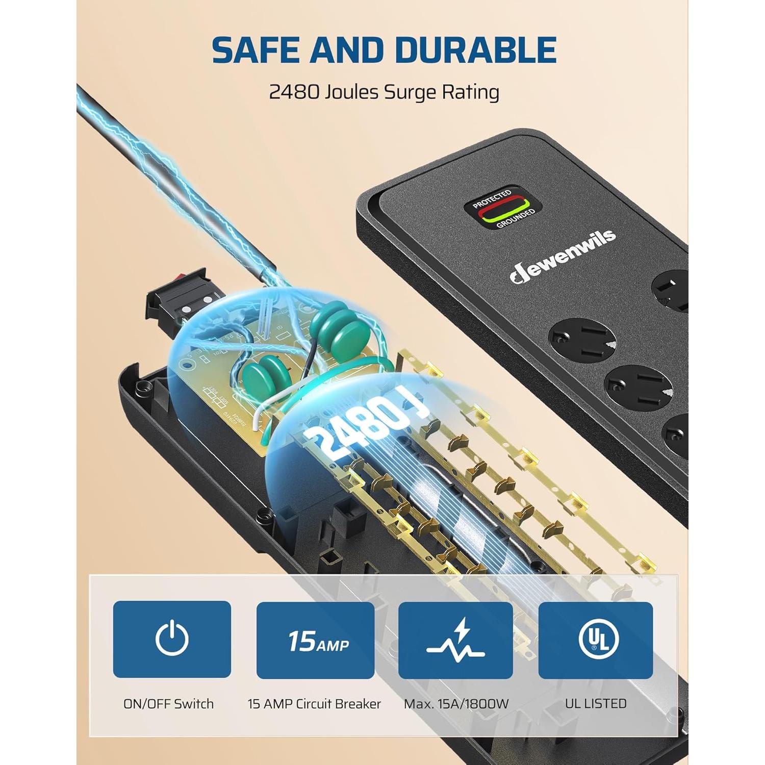 Regleta DEWENWILS 10 Salidas con 4 USB y Protección 2480J