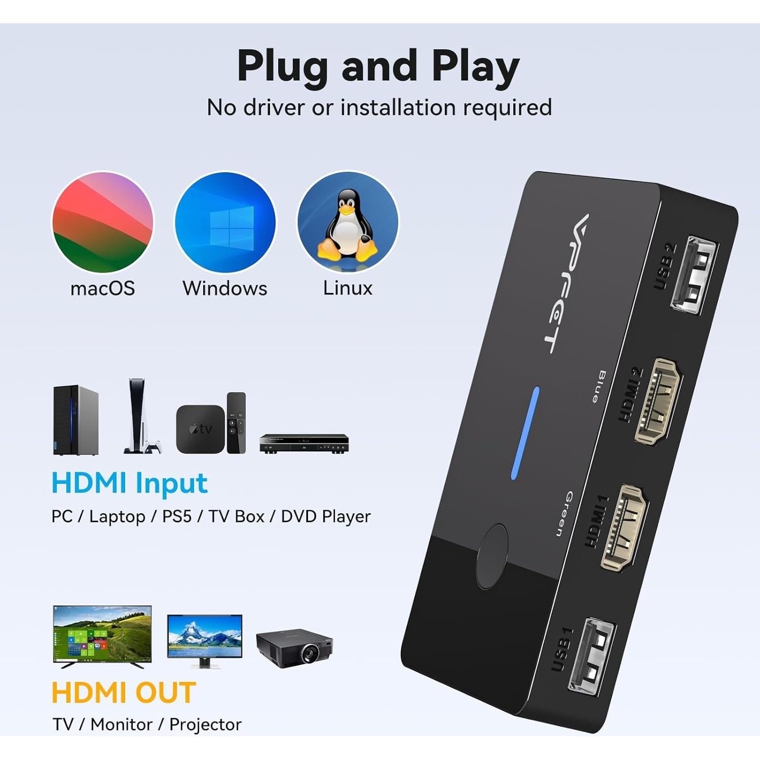 Interruptor KVM HDMI 4K AILVLVNG 2 PCs 1 Monitor USB