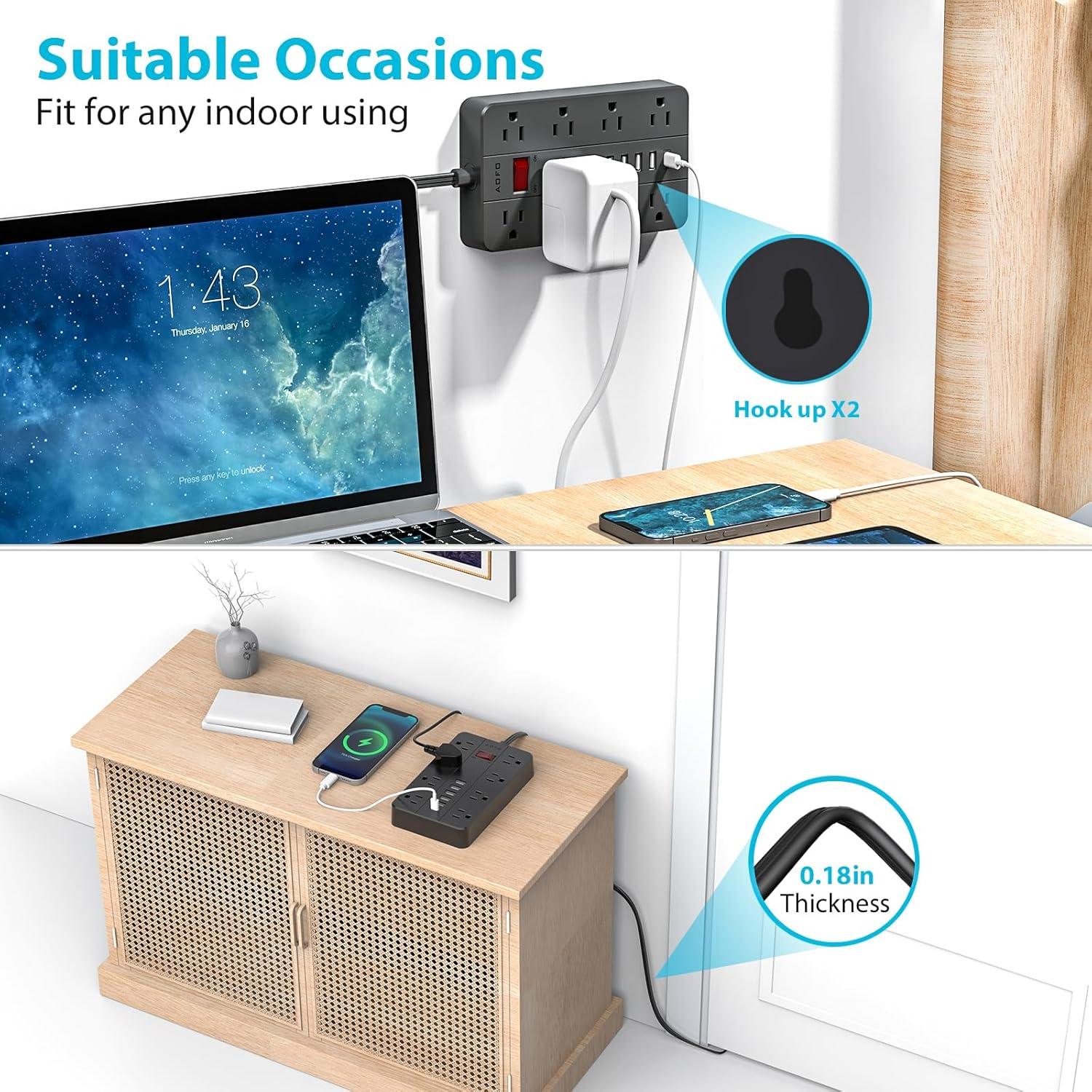 Regleta de Alimentación AOFO 8 Salidas AC y 6 USB 5FT Negra