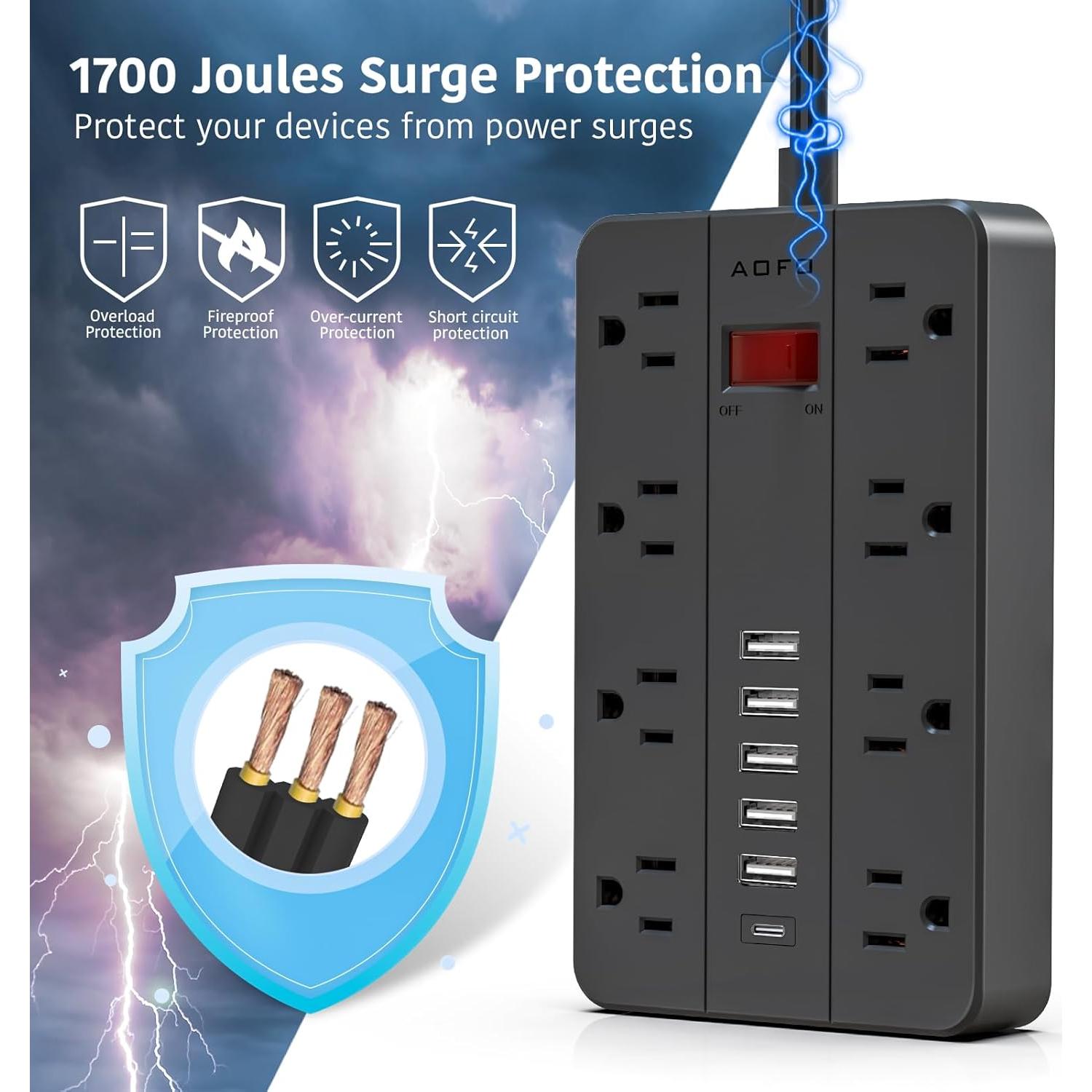 Regleta de Alimentación AOFO 8 Salidas AC y 6 USB 5FT Negra