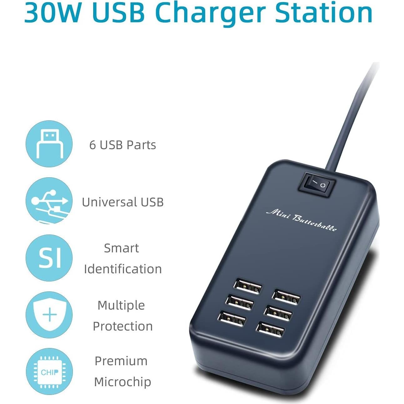 Estación de Carga USB 6 Puertos Mini Butterballe - Negro