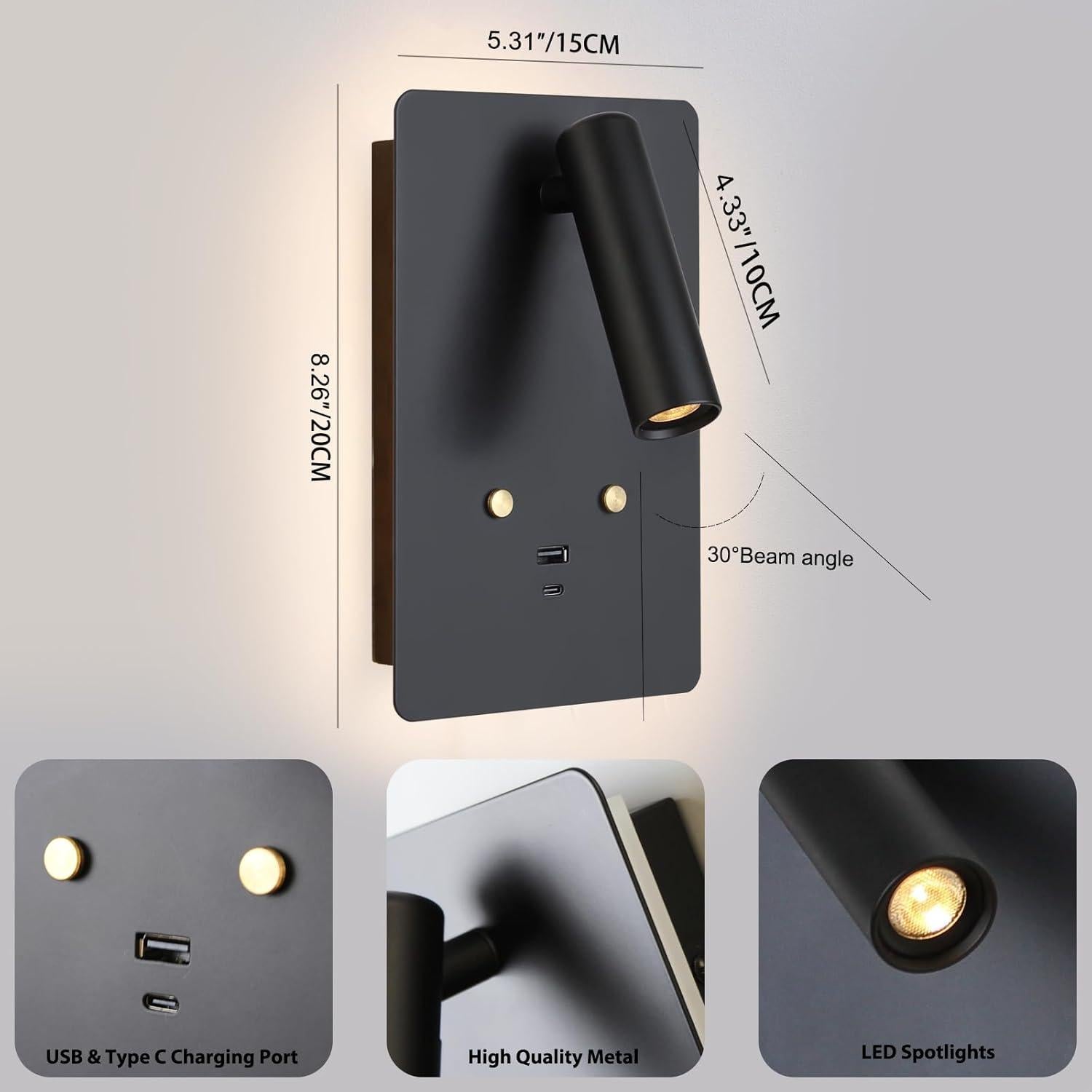 Luz de Lectura Montada en Pared ZEROUNO LED con USB Negro