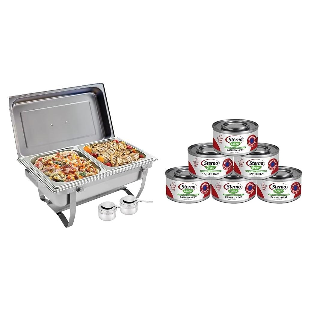 Juego de Buffet Sterno Acero Inoxidable 8 Cuartos + Gel Etanol 6 Latas
