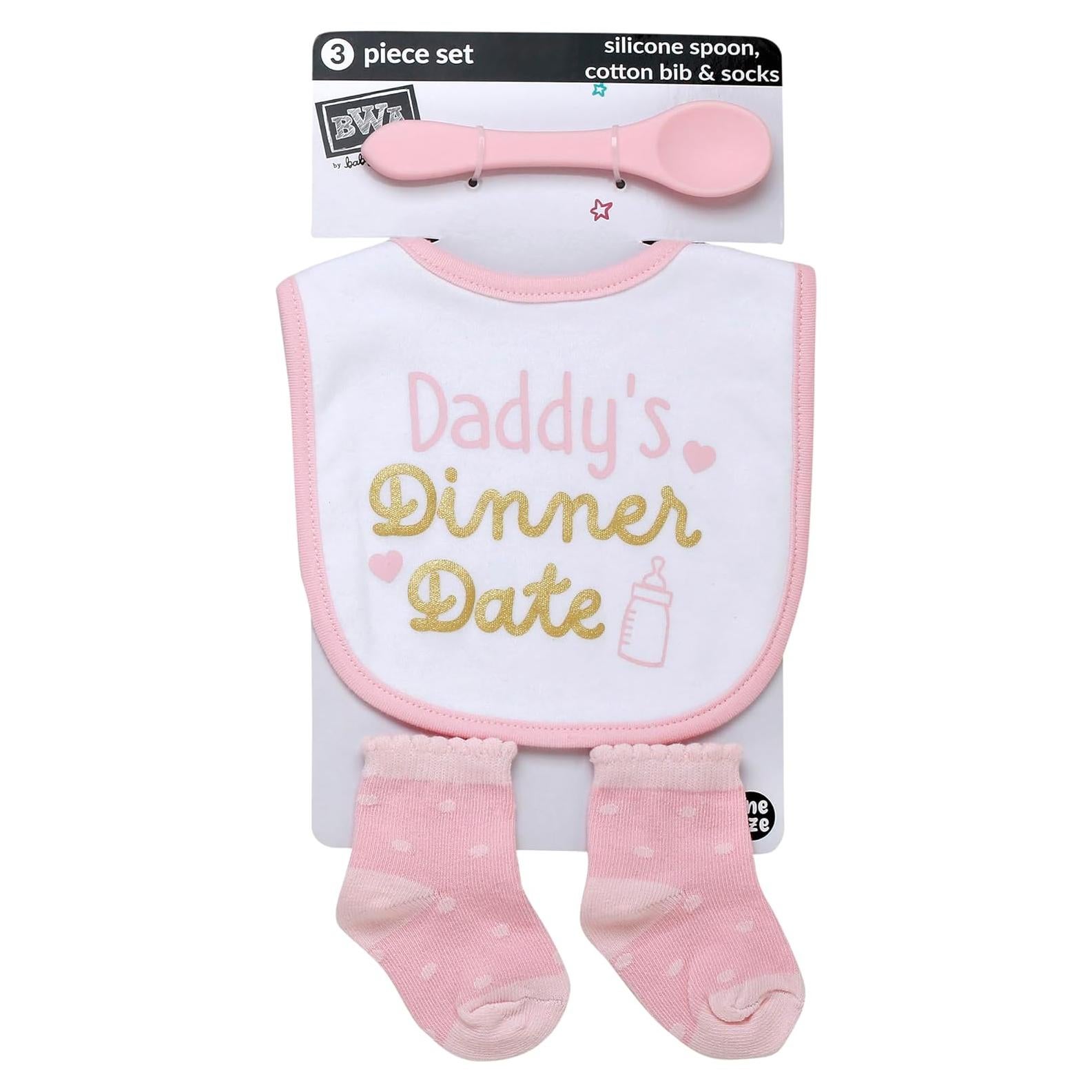 Juego de 3 Piezas para Bebé Rosa - Babero, Cuchara Silicona y Calcetines