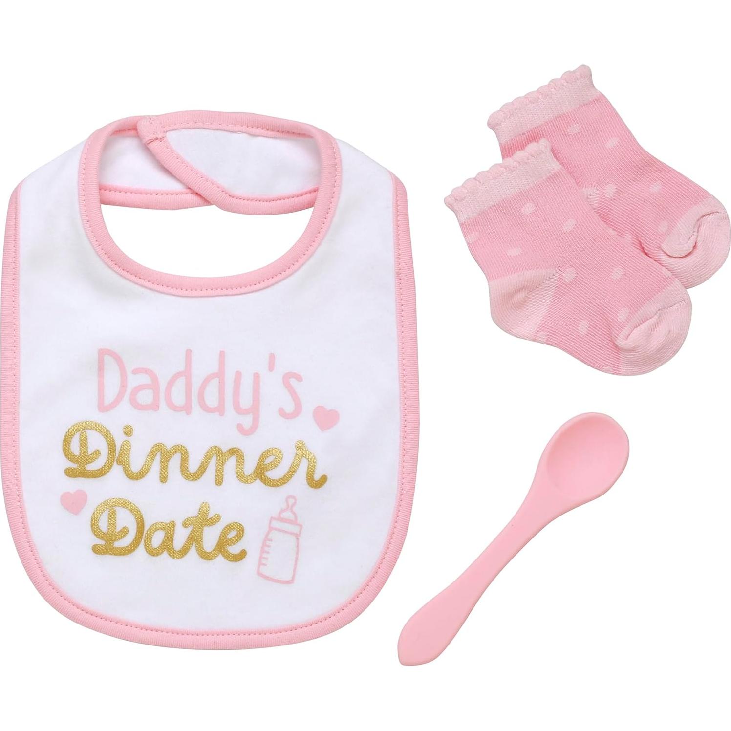 Juego de 3 Piezas para Bebé Rosa - Babero, Cuchara Silicona y Calcetines