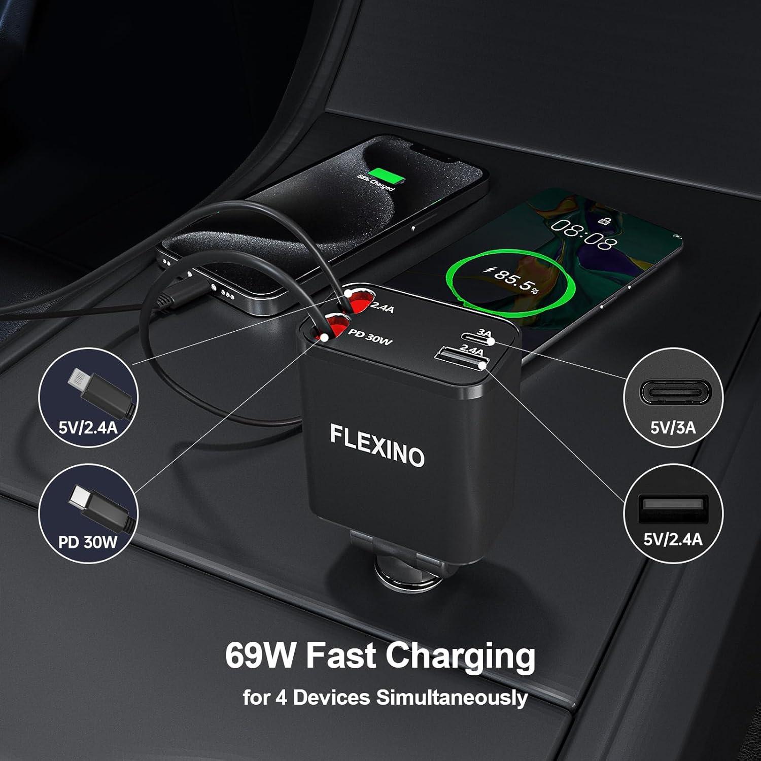 Cargador de coche Flexino 4 en 1 USB C 69W para iPhone 16