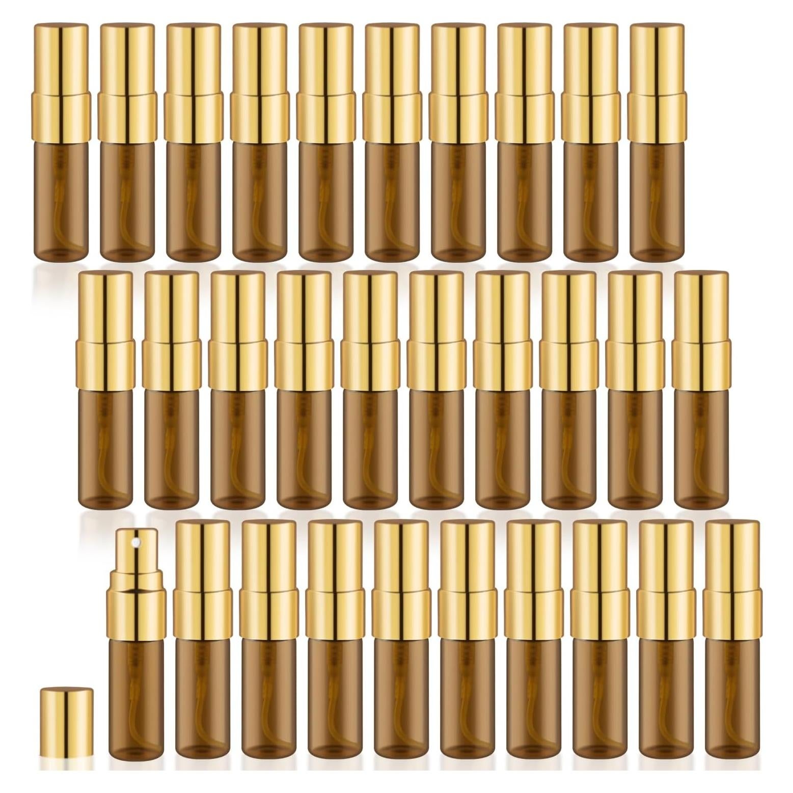 30 Pack Empty Mini Glass Spray Bottle Refillable Fine Mist Perfume Atomizer Portable Travel Sample Spray Bottles Containers For Perfume Essential Oils Cosmetics Liquid (amber bottle, 3ml)