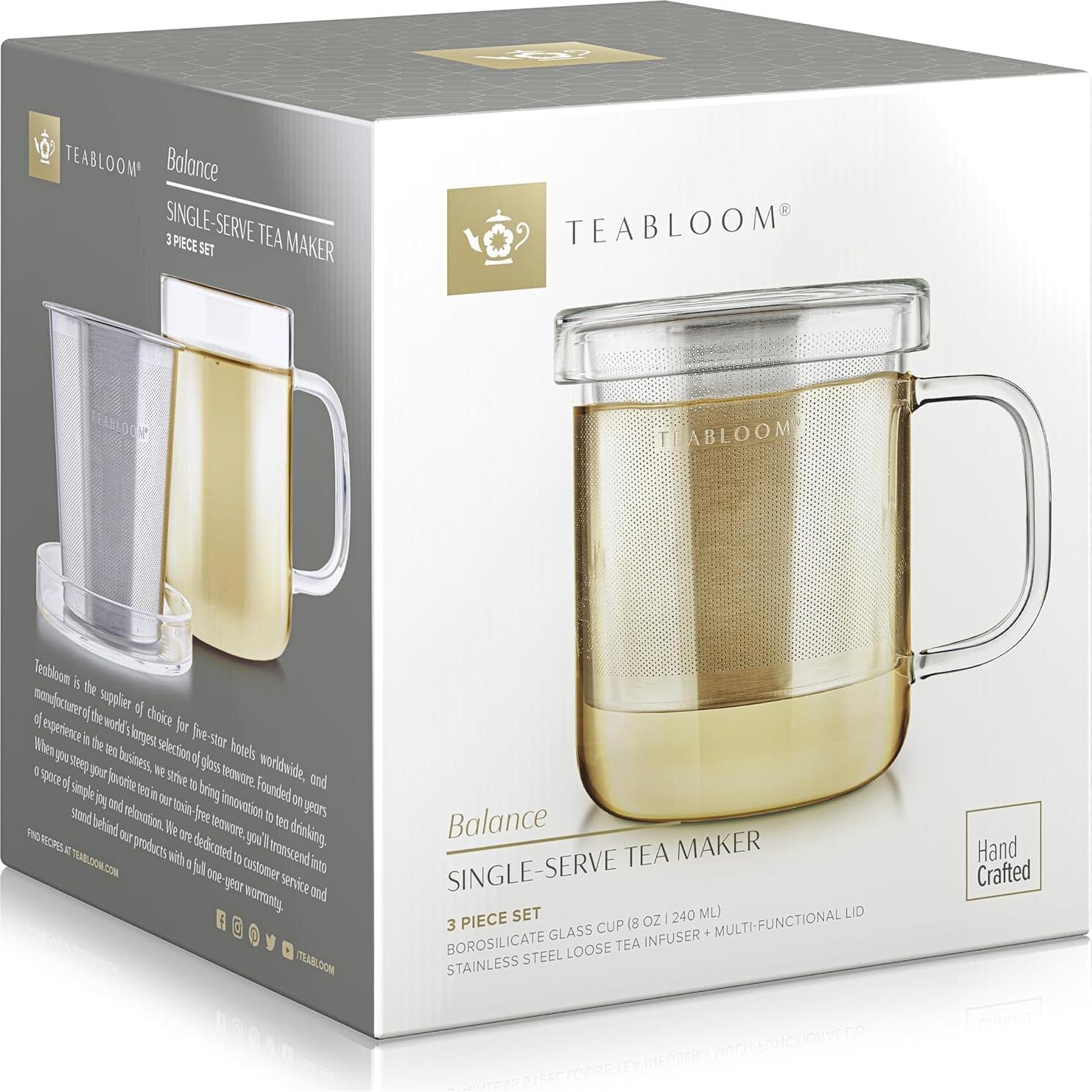 Taza de Vidrio Borosilicato Teabloom con Infusor de Acero 240 ml