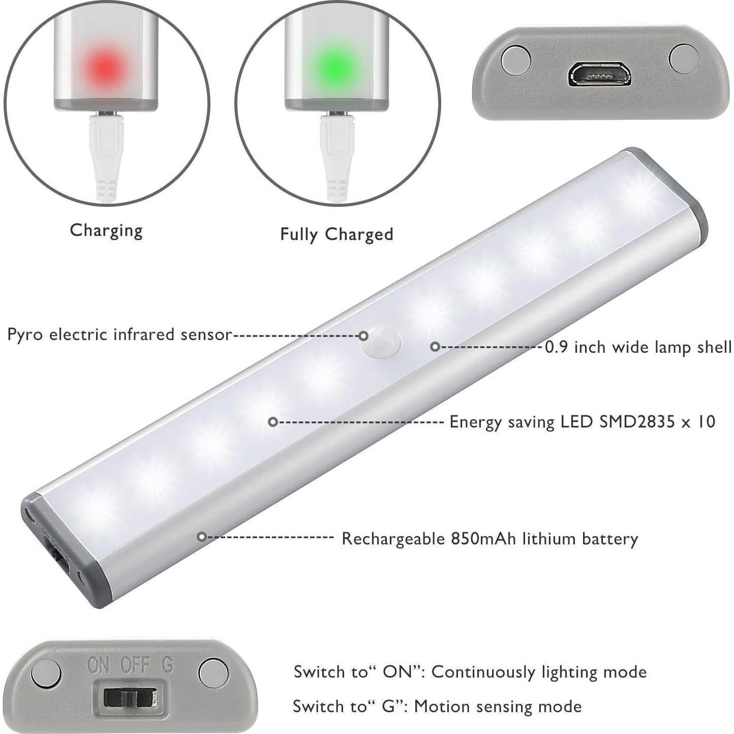 Luces LED Bajo Gabinete LEPOTEC 10-LED Recargables USB 2 Unidades
