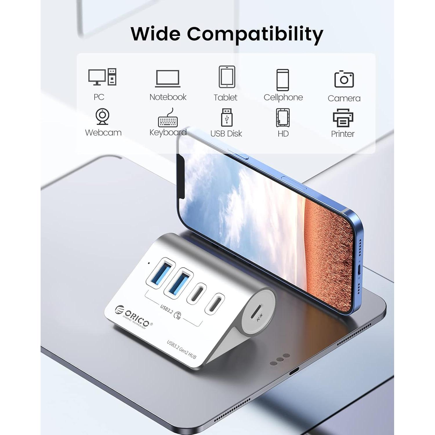Hub USB 3.2 Gen 2 ORICO 4 Puertos 10Gbps Aluminio