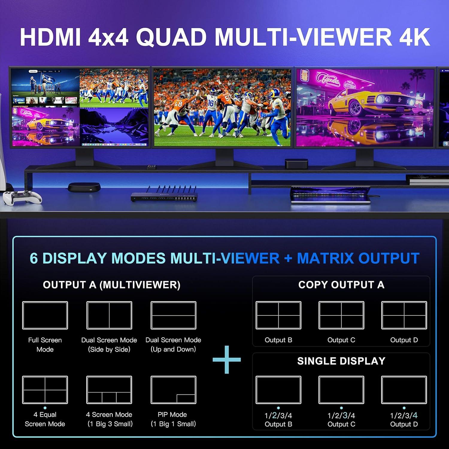 Conmutador HDMI 4K 4x4 PORTTA con 6 Modos de Visualización