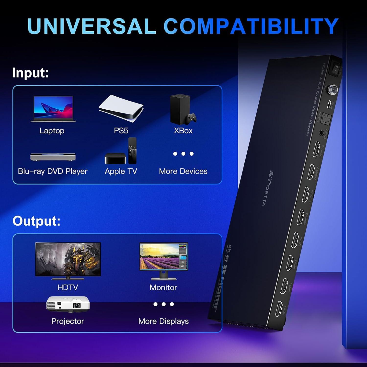 Conmutador HDMI 4K 4x4 PORTTA con 6 Modos de Visualización