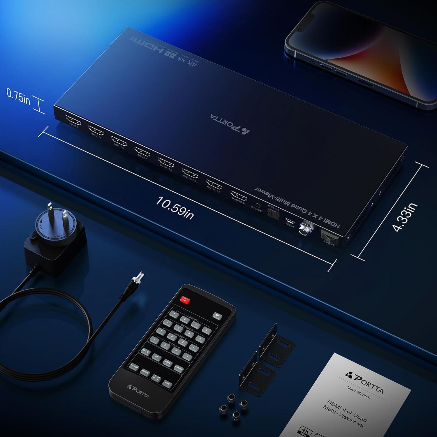 Conmutador HDMI 4K 4x4 PORTTA con 6 Modos de Visualización