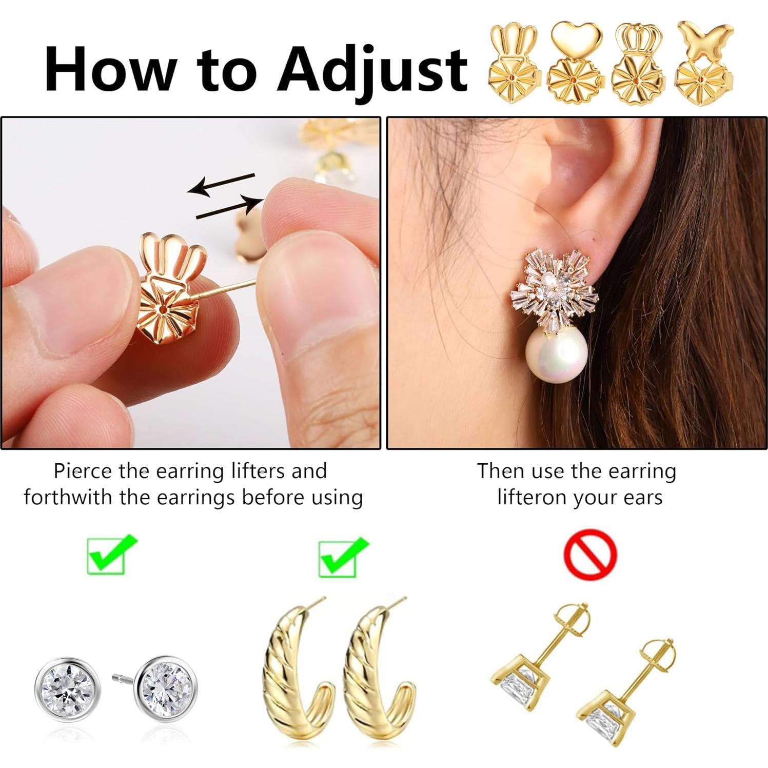 Earring Backs for Droopy Ears, 8 Pairs Hypoallergenic Earring Lifters Backs for Studs, Adjustable 18K Gold Secure Backs Repacements for Heavy Earrings