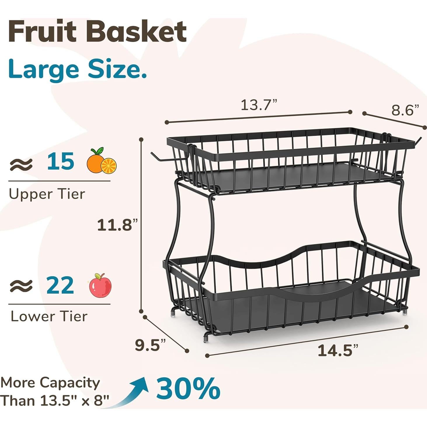 Cesta de frutas de 2 niveles Zurklulu - Metal negro 36.8x24.1 cm