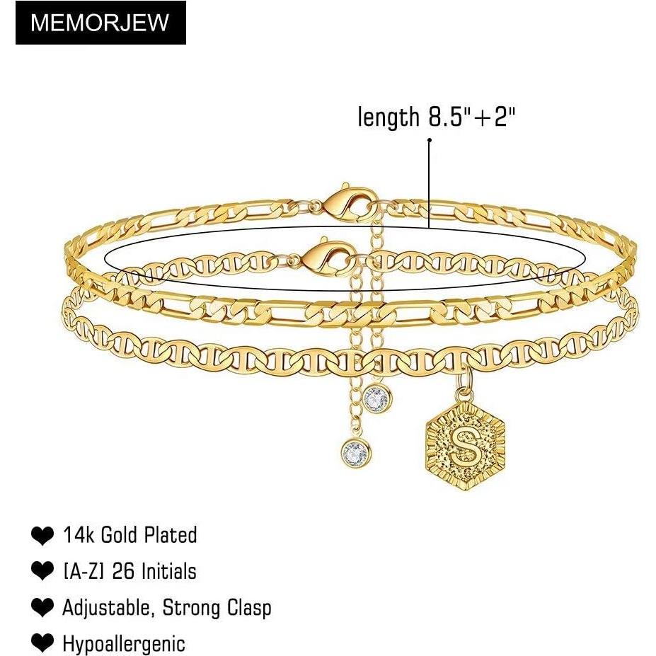 Pulsera de Tobillo Iniciales Memorjew Doble Capa Oro 14K 21.6 cm