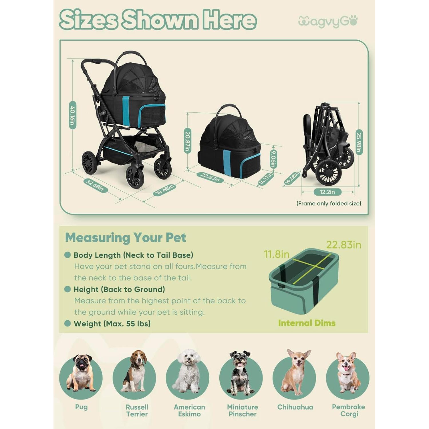 Carrito para Mascotas WagvyGo 5-en-1 Plegable Negro hasta 25kg