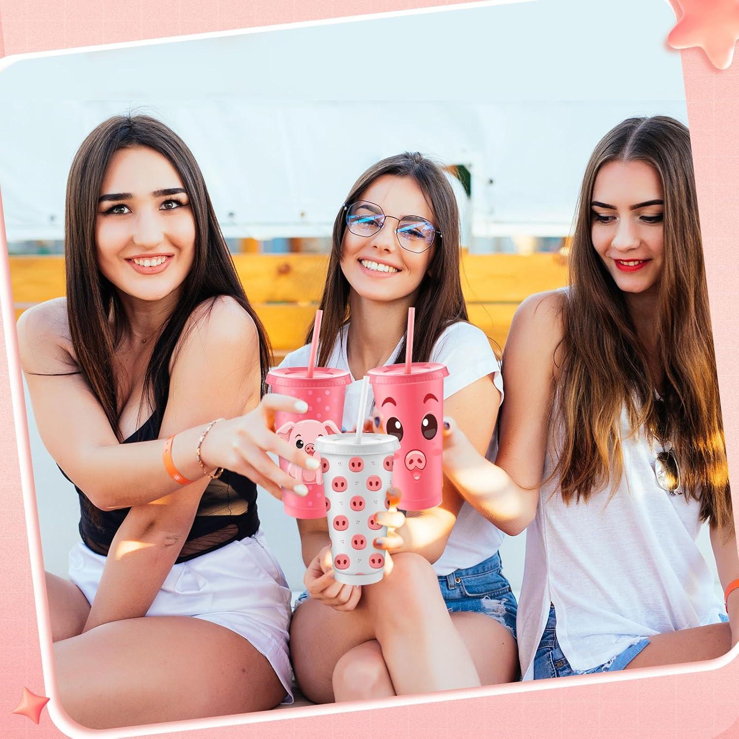 Vasos de Cerdo Nezyo 12 Pcs Reutilizables 710 ml con Pajitas