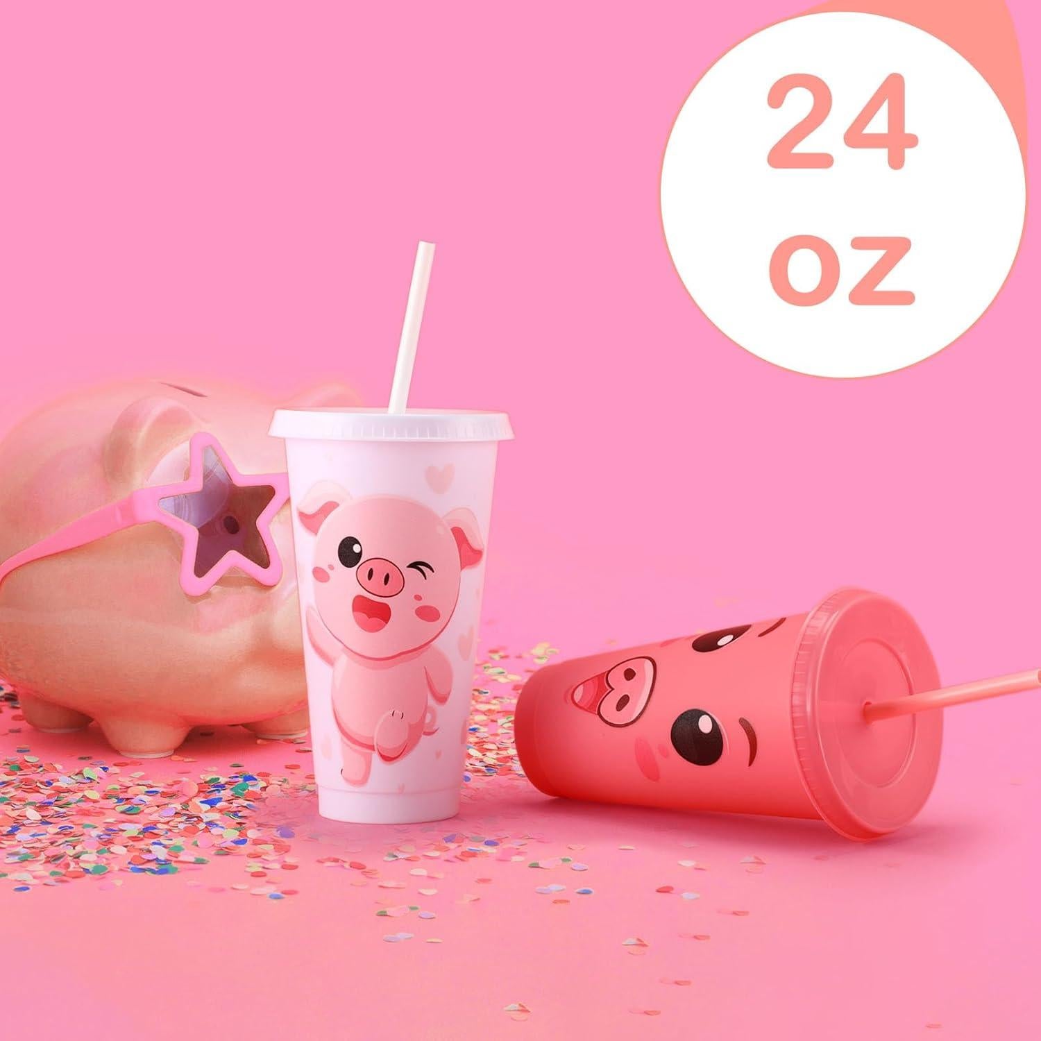 Vasos de Cerdo Nezyo 12 Pcs Reutilizables 710 ml con Pajitas