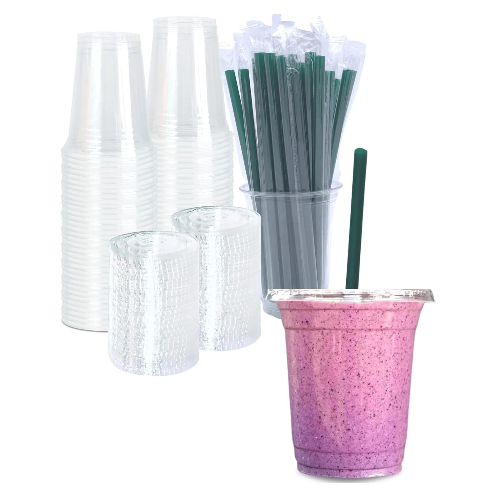 Vasos de Plástico Transparentes 12 oz Cappatua - 50 Piezas con Tapas y Popotes