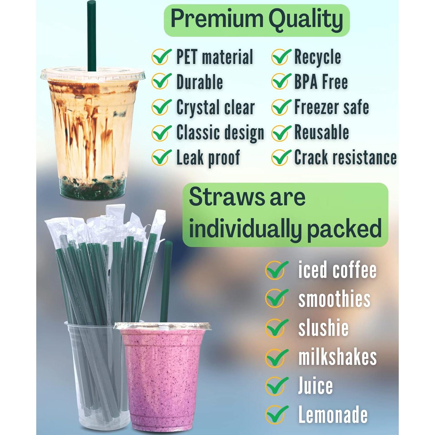 Vasos de Plástico Transparentes 12 oz Cappatua - 50 Piezas con Tapas y Popotes