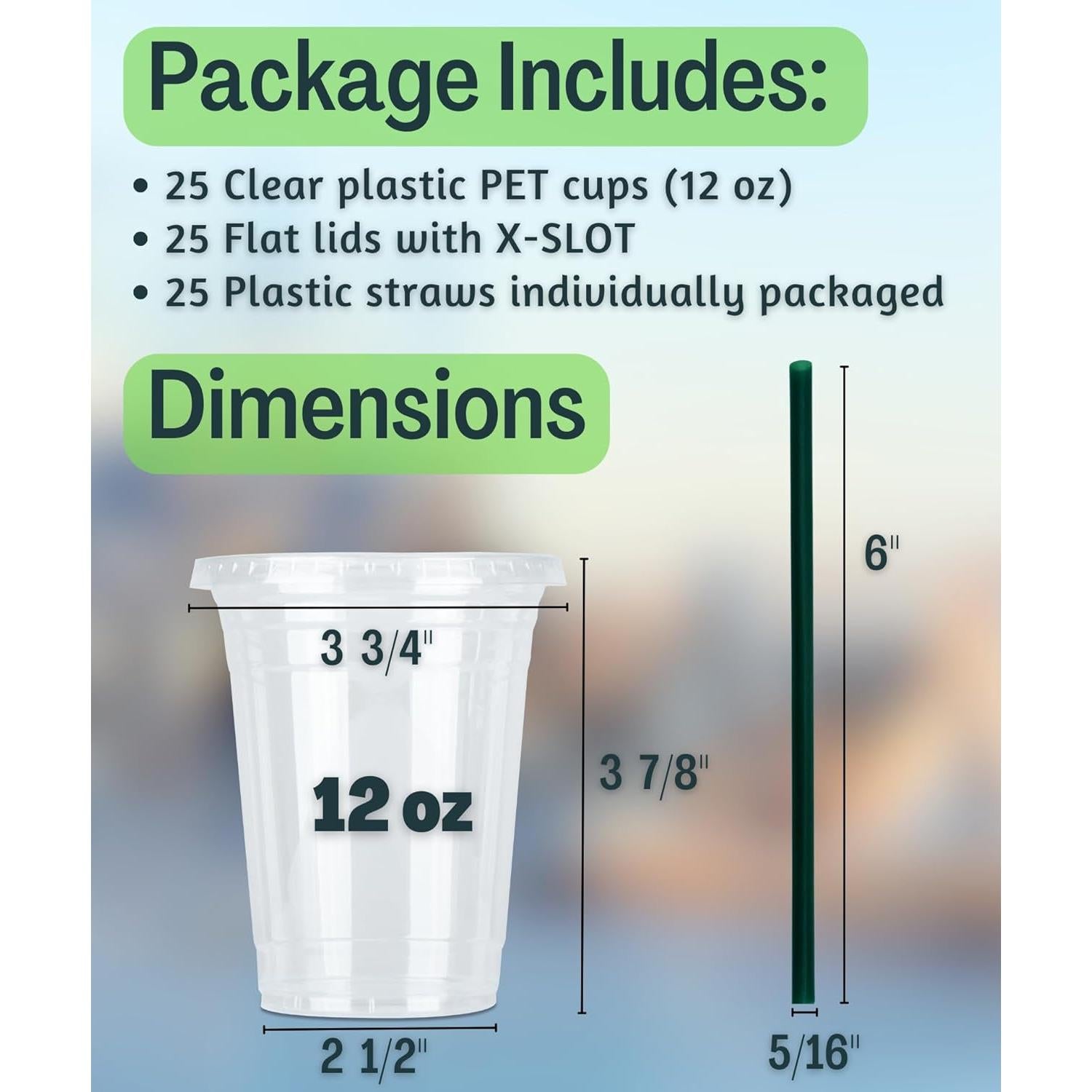 Vasos de Plástico Transparentes 12 oz Cappatua - 50 Piezas con Tapas y Popotes