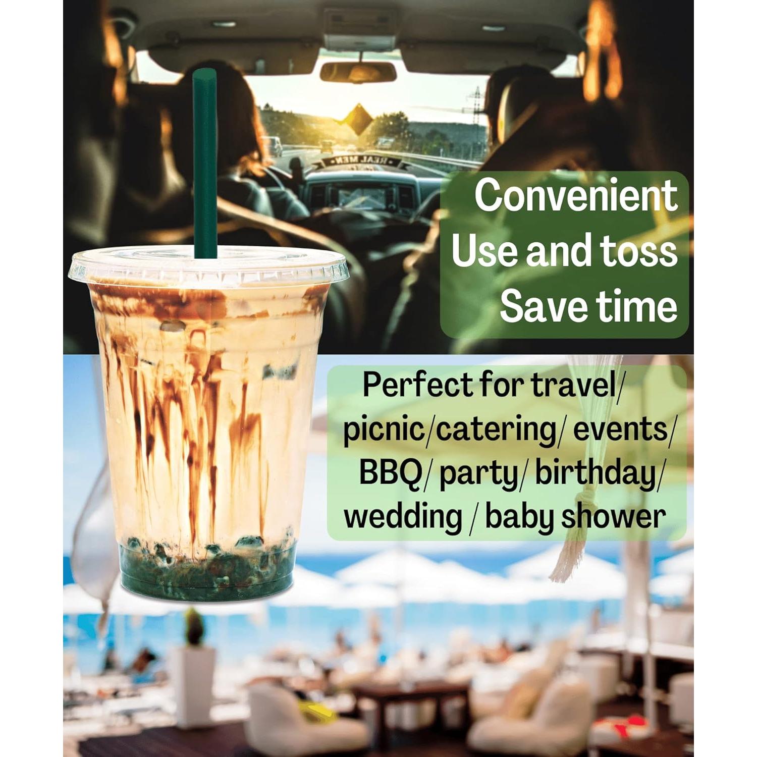 Vasos de Plástico Transparentes 12 oz Cappatua - 50 Piezas con Tapas y Popotes