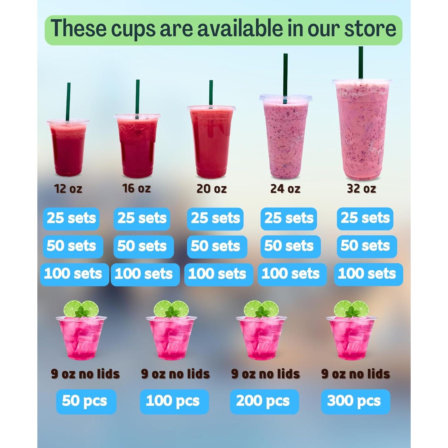 Vasos de Plástico Transparentes 12 oz Cappatua - 50 Piezas con Tapas y Popotes