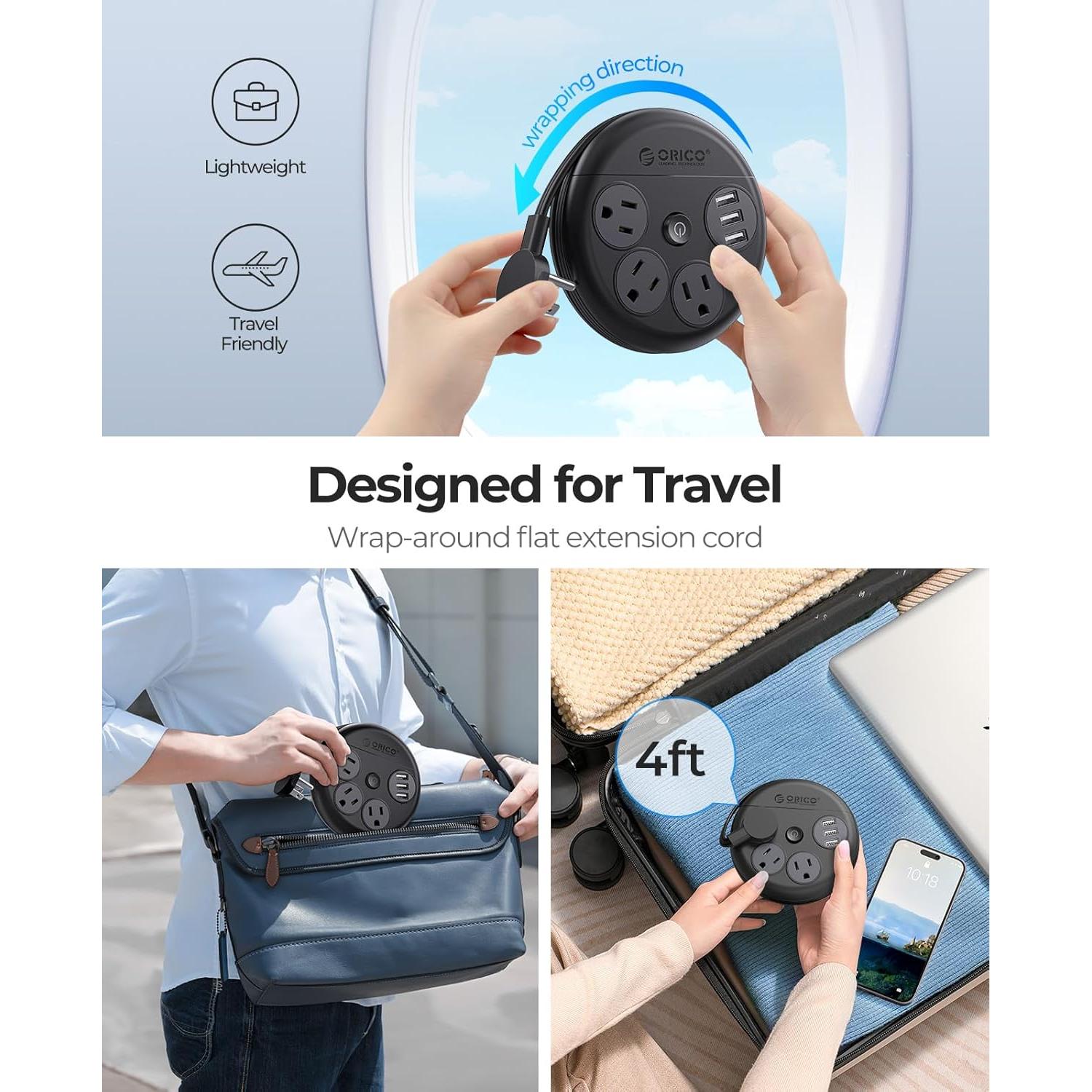 Regleta de Viaje ORICO 1.2m 6 En 1 USB Negra Aprobada Cruceros