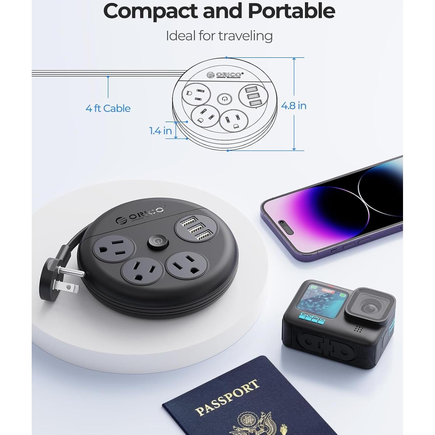 Regleta de Viaje ORICO 1.2m 6 En 1 USB Negra Aprobada Cruceros